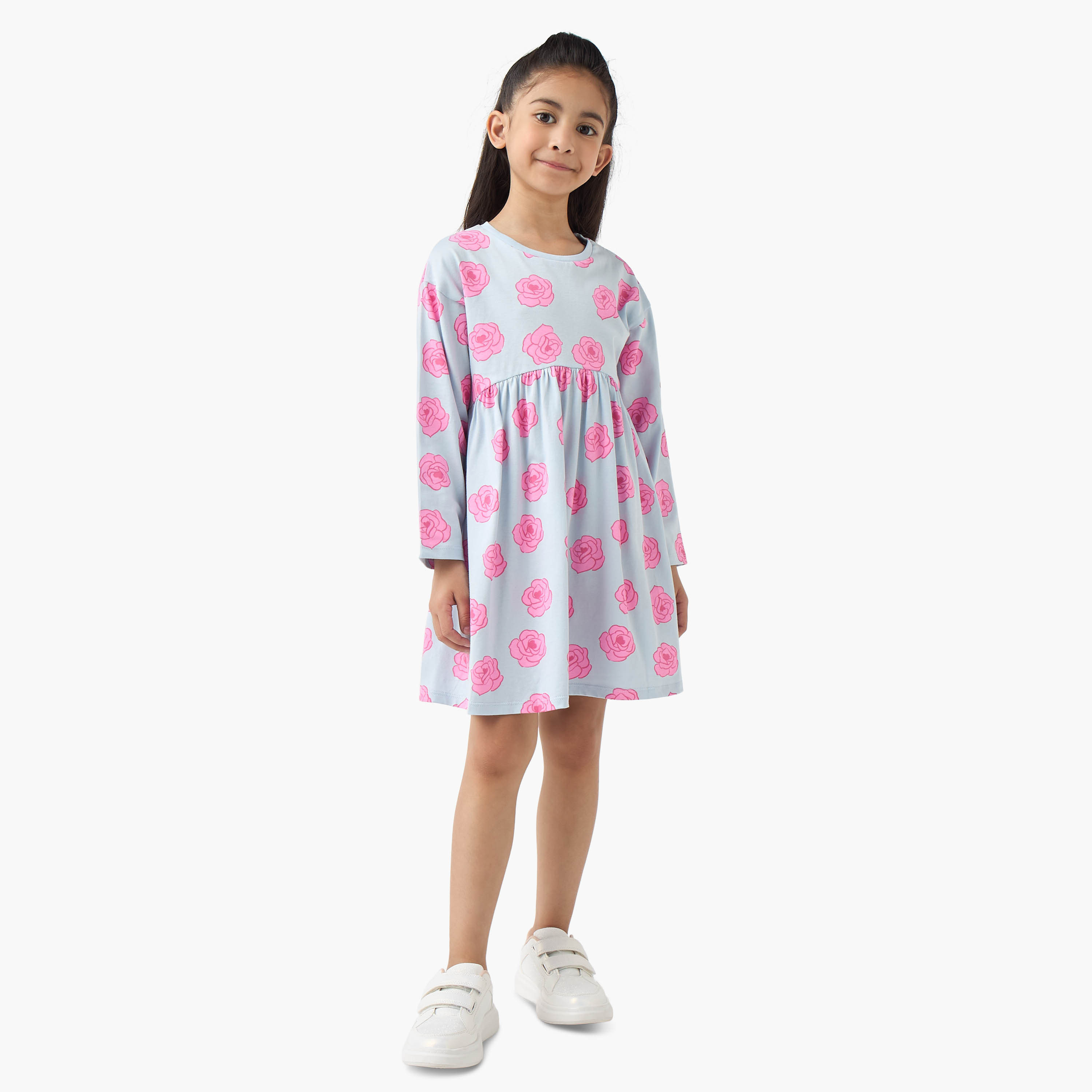 Juniors Round Neck Long Sleeves Dress with Floral Print-girls-clothing-dressesandjumpsuits-image-2