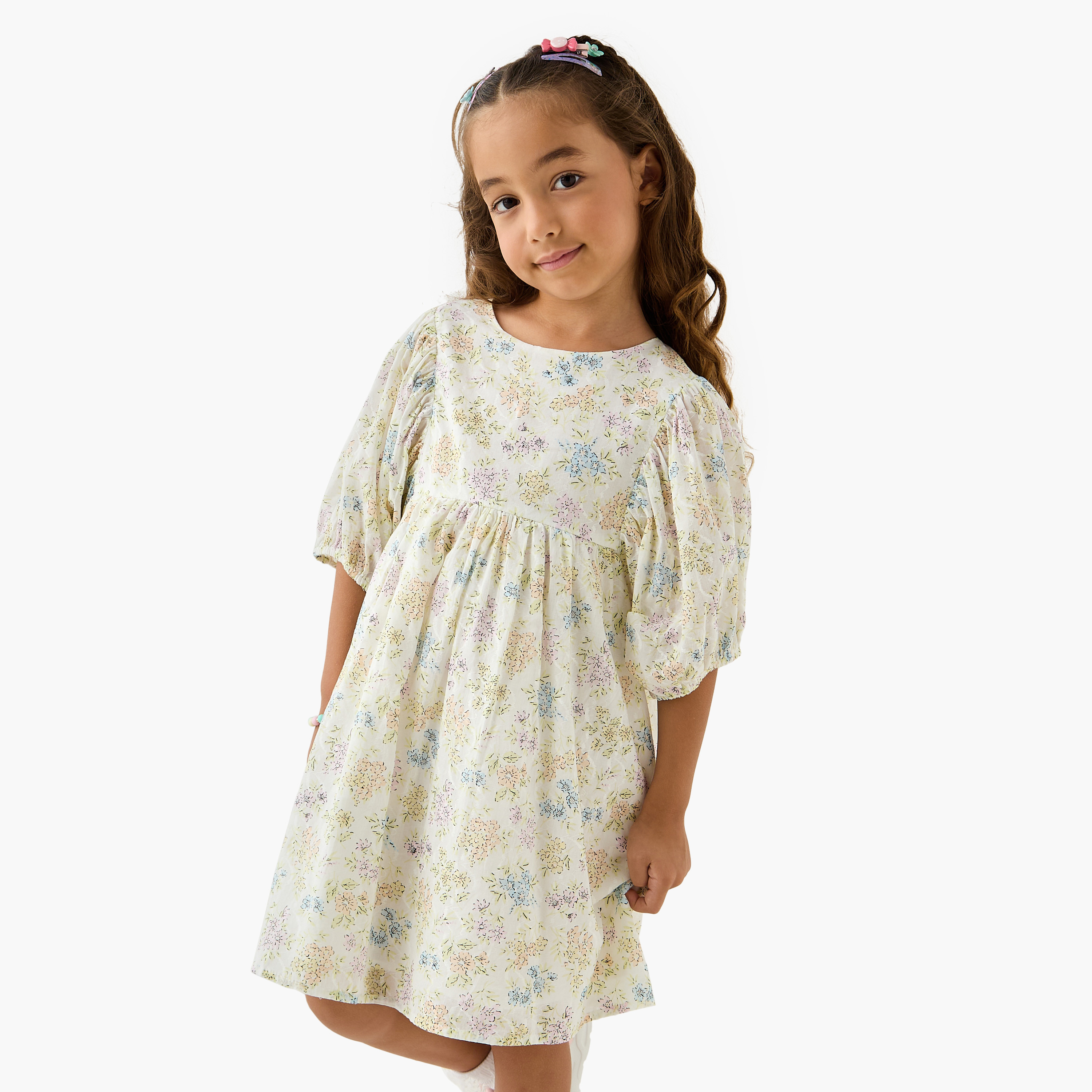 فستان بأكمام منفوخة وطبعات زهرية من جونيورز-girls-clothing-dressesandjumpsuits-image-1