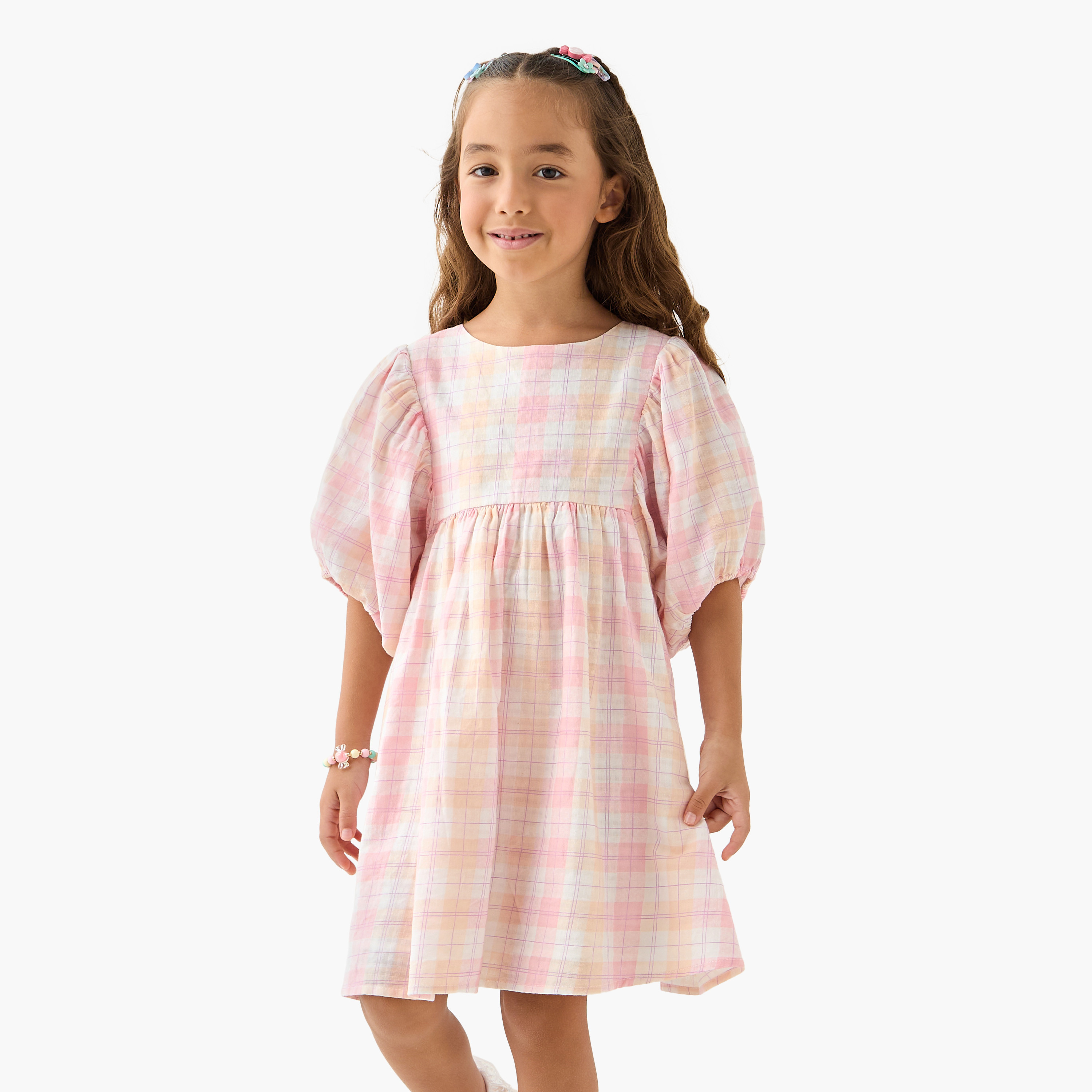 Juniors Checked A-line Dress with Round Neck-girls-clothing-dressesandjumpsuits-image-1