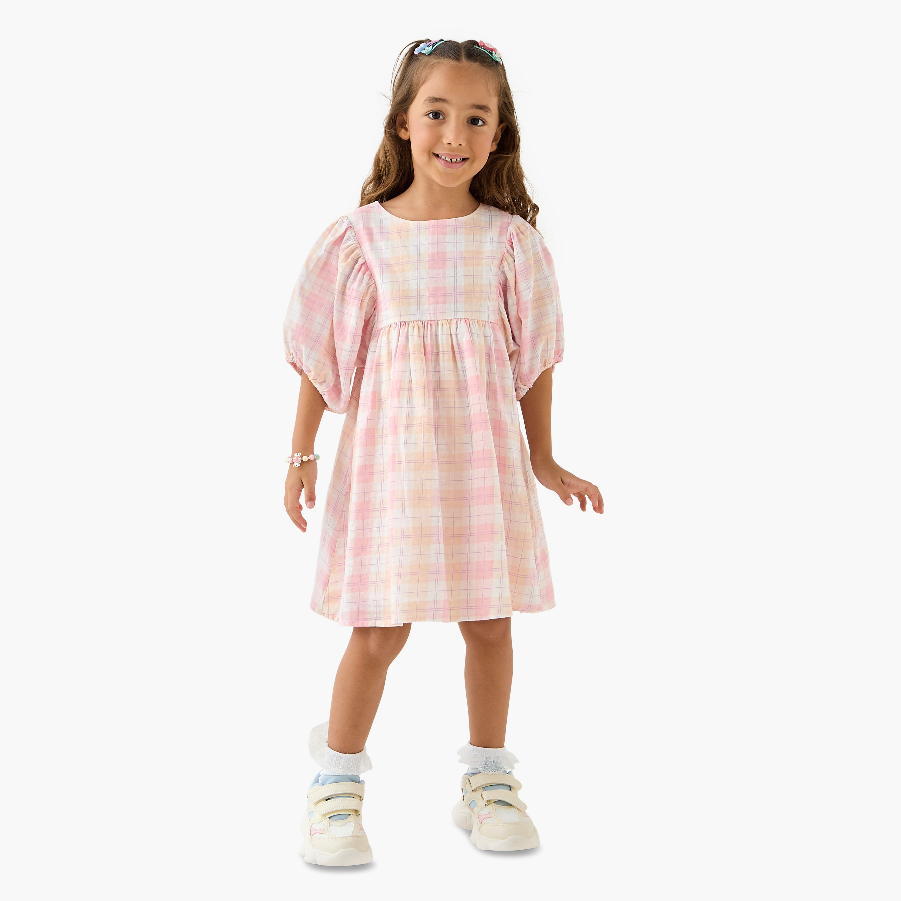 Juniors Checked A-line Dress with Round Neck-girls-clothing-dressesandjumpsuits-image-2