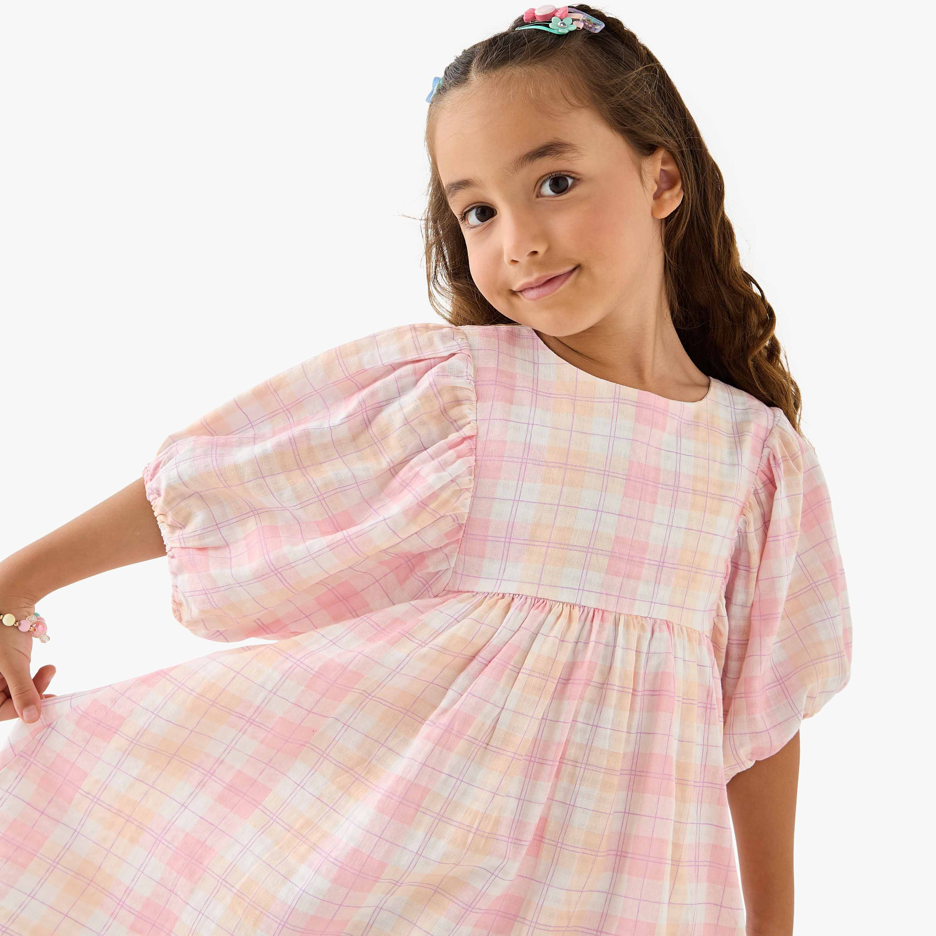 Juniors Checked A-line Dress with Round Neck-girls-clothing-dressesandjumpsuits-image-4