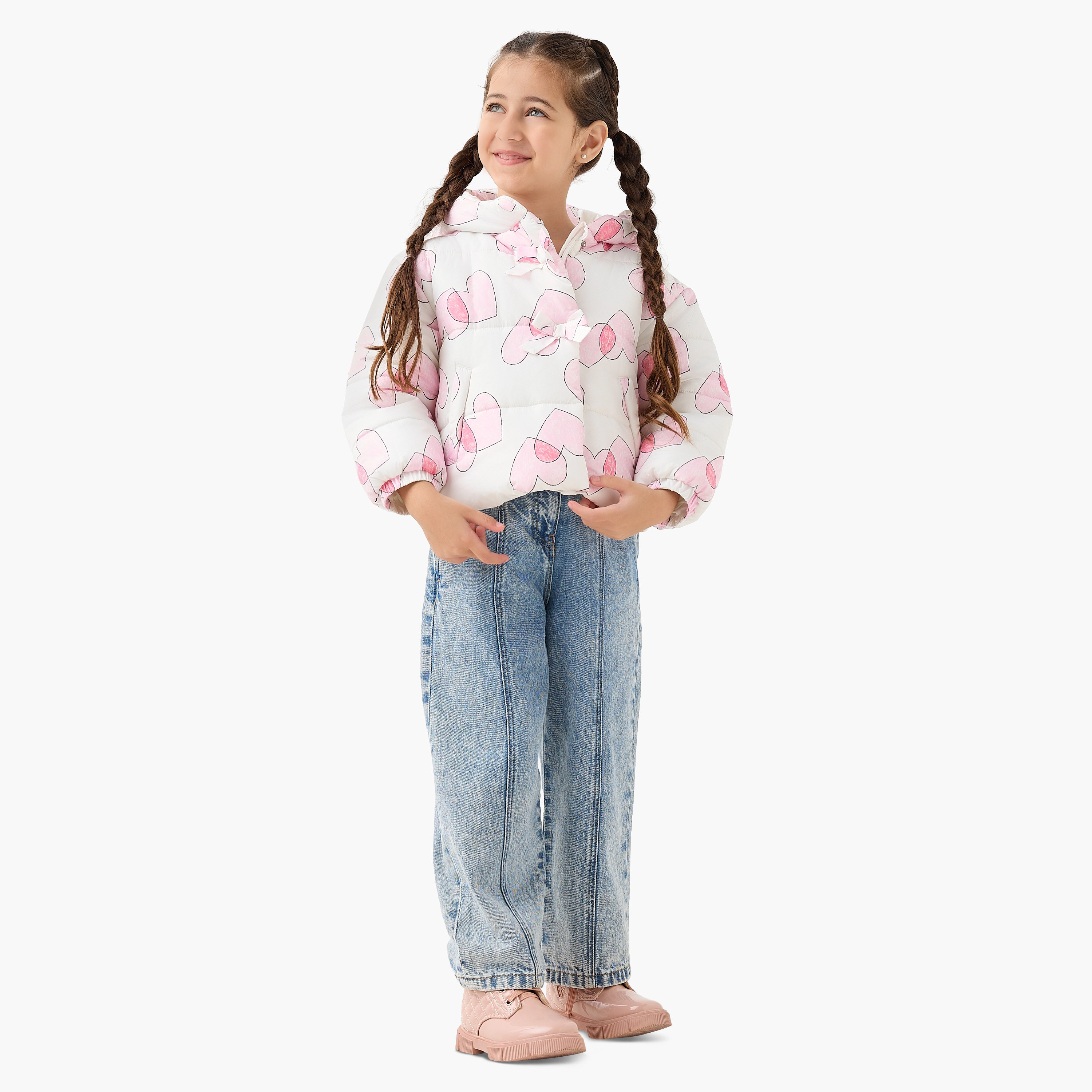 Juniors Heart Print Hooded Heavy Jacket with Long Sleeves-baby-girls-clothing-jacketsandcoats-image-2