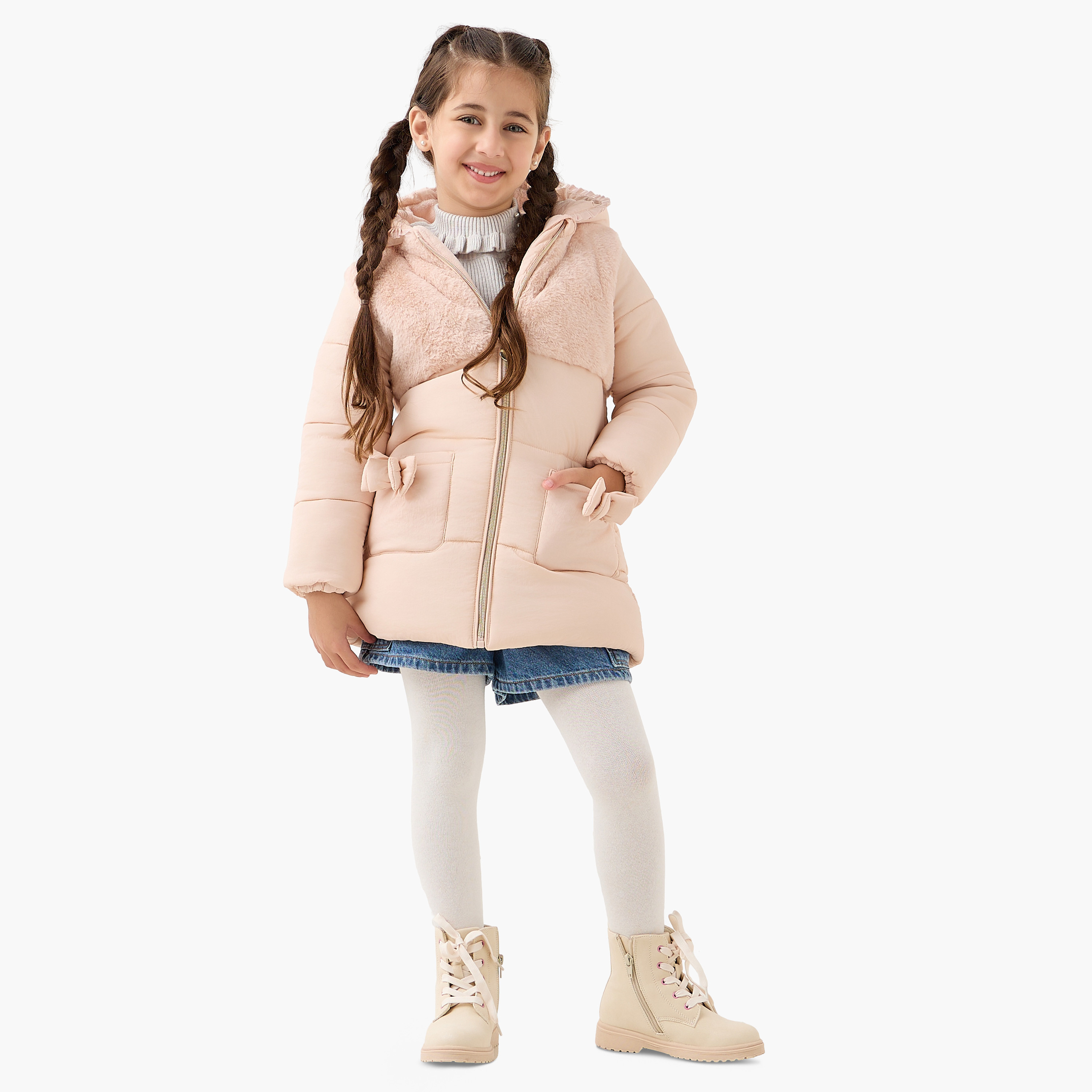 جاكيت سادة منفوخ بقبعة وأكمام طويلة من جونيورز-baby-girls-clothing-jacketsandcoats-image-4