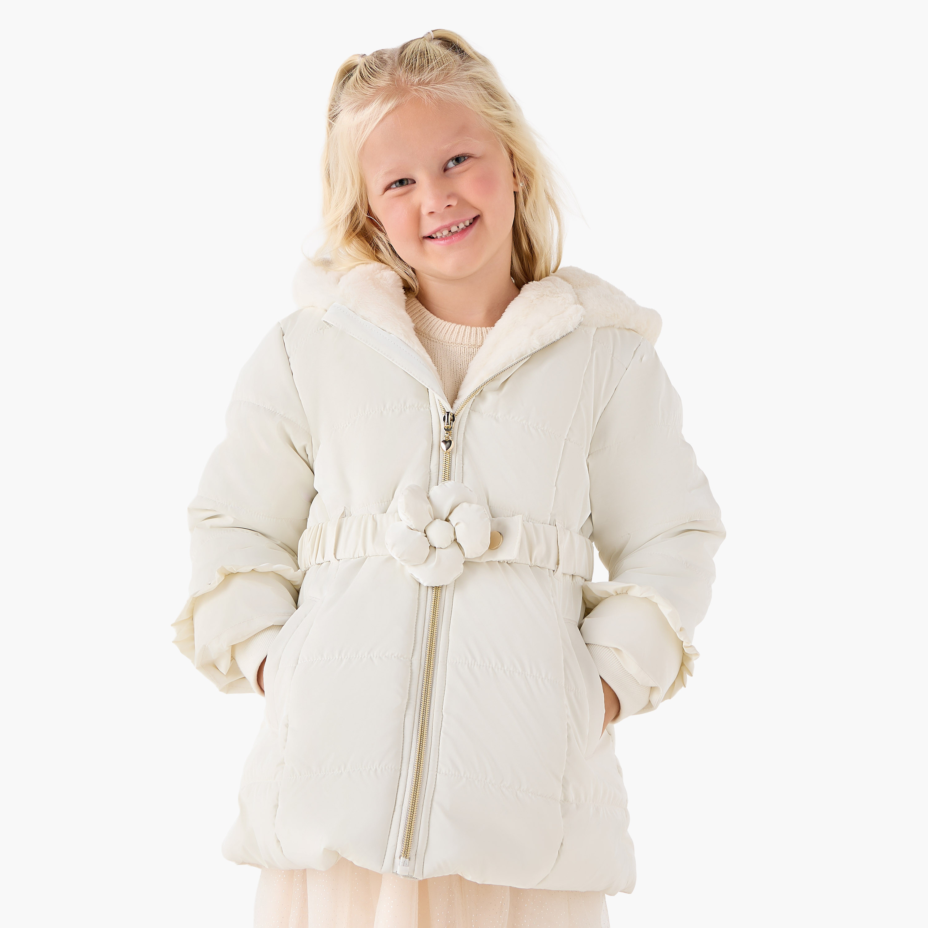 جاكيت بقبعة وأكمام طويلة وحزام وتزيينات زهرية من جونيورز-baby-girls-clothing-jacketsandcoats-image-1