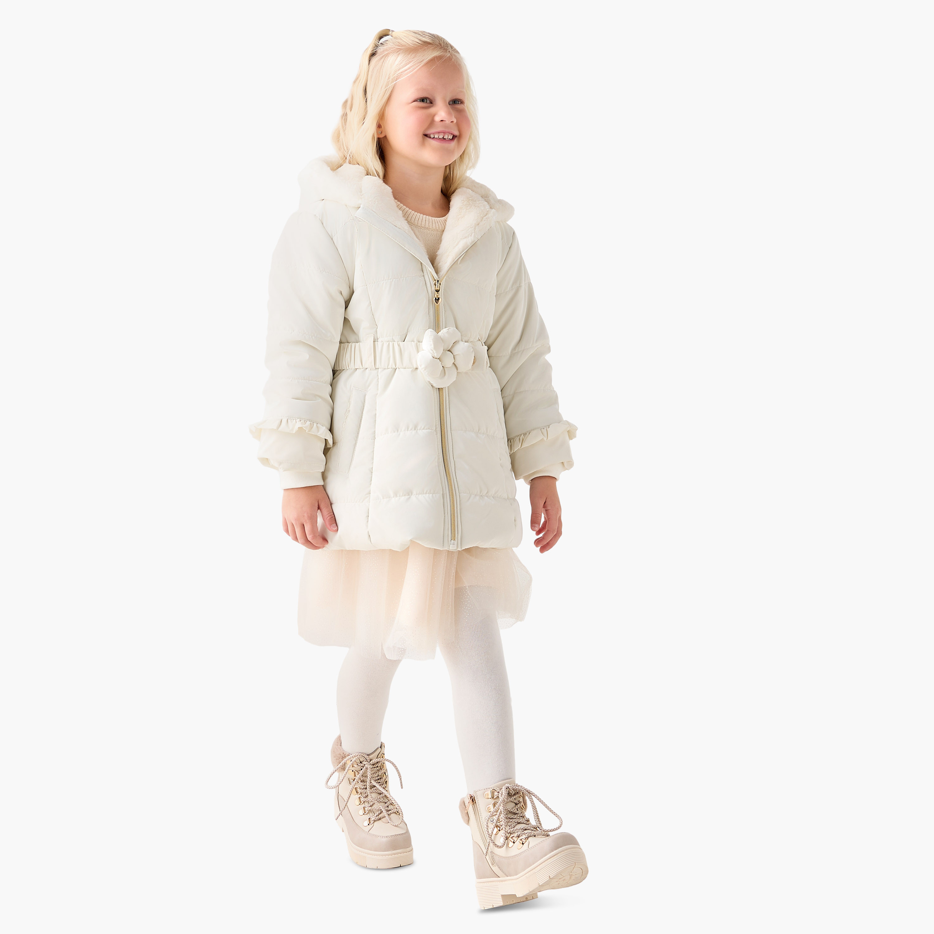 جاكيت بقبعة وأكمام طويلة وحزام وتزيينات زهرية من جونيورز-baby-girls-clothing-jacketsandcoats-image-2