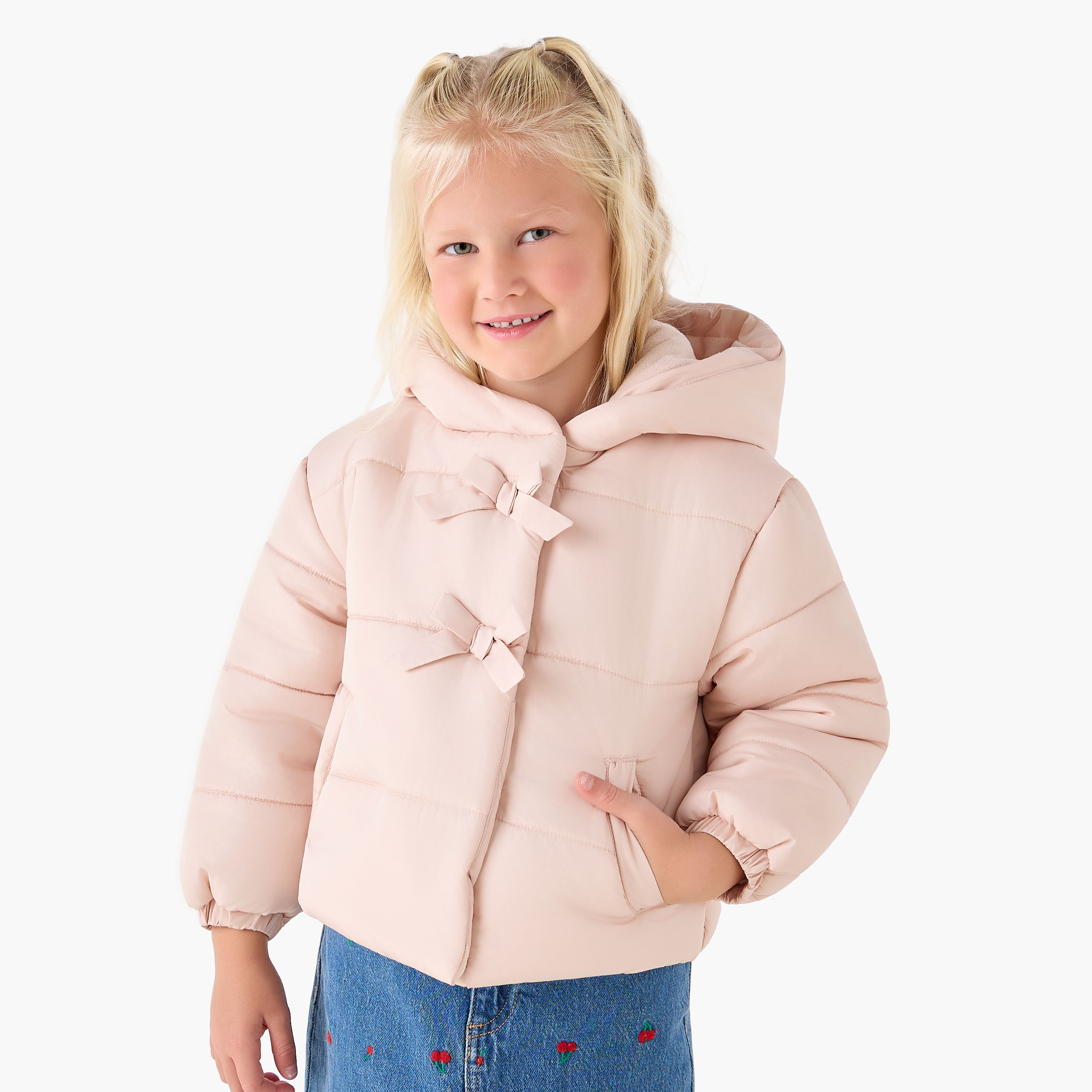 Juniors Bow Accent Hooded Heavy Jacket with Long Sleeves-baby-girls-clothing-winterwear-jacketsandcoats-image-1