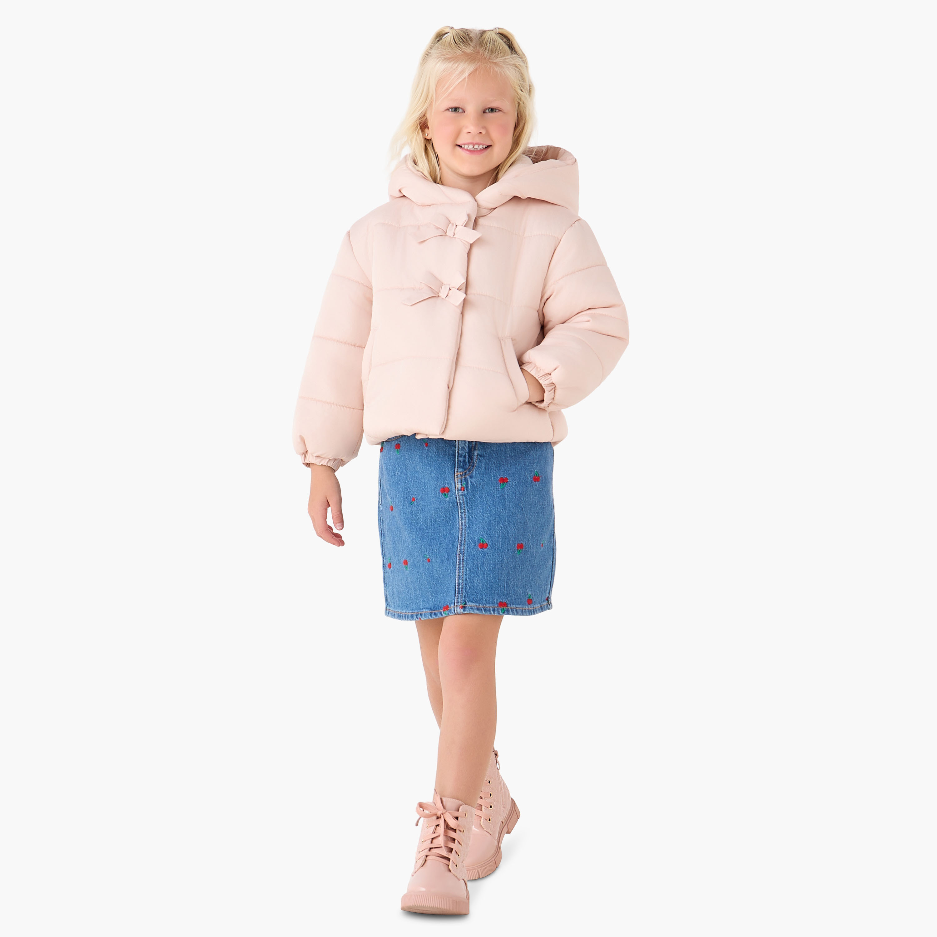 Juniors Bow Accent Hooded Heavy Jacket with Long Sleeves-baby-girls-clothing-winterwear-jacketsandcoats-image-2