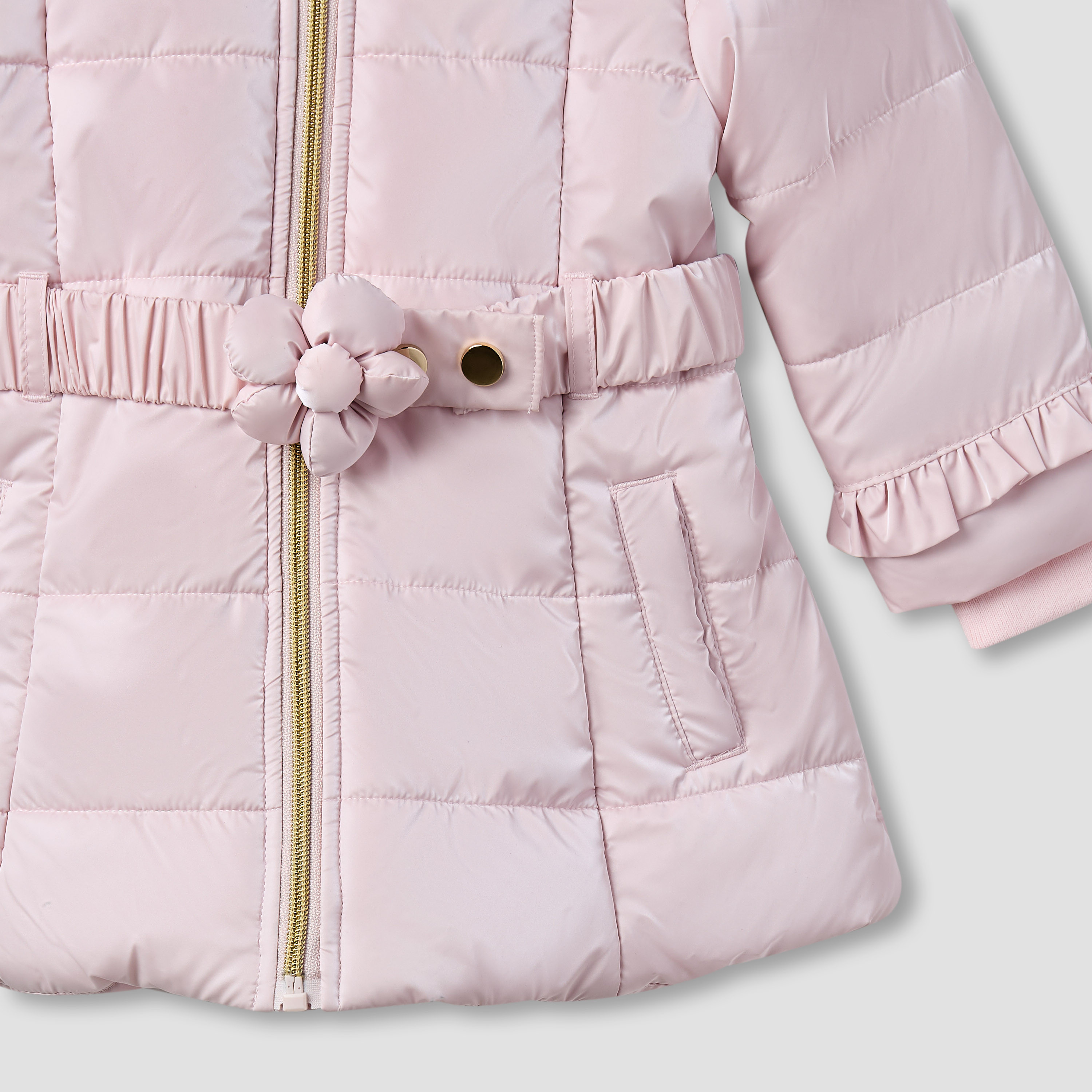 جاكيت منفوخ بقبعة وأكمام طويلة وتزيينات زهرية وحزام من جونيورز-baby-girls-clothing-winterwear-jacketsandcoats-image-4