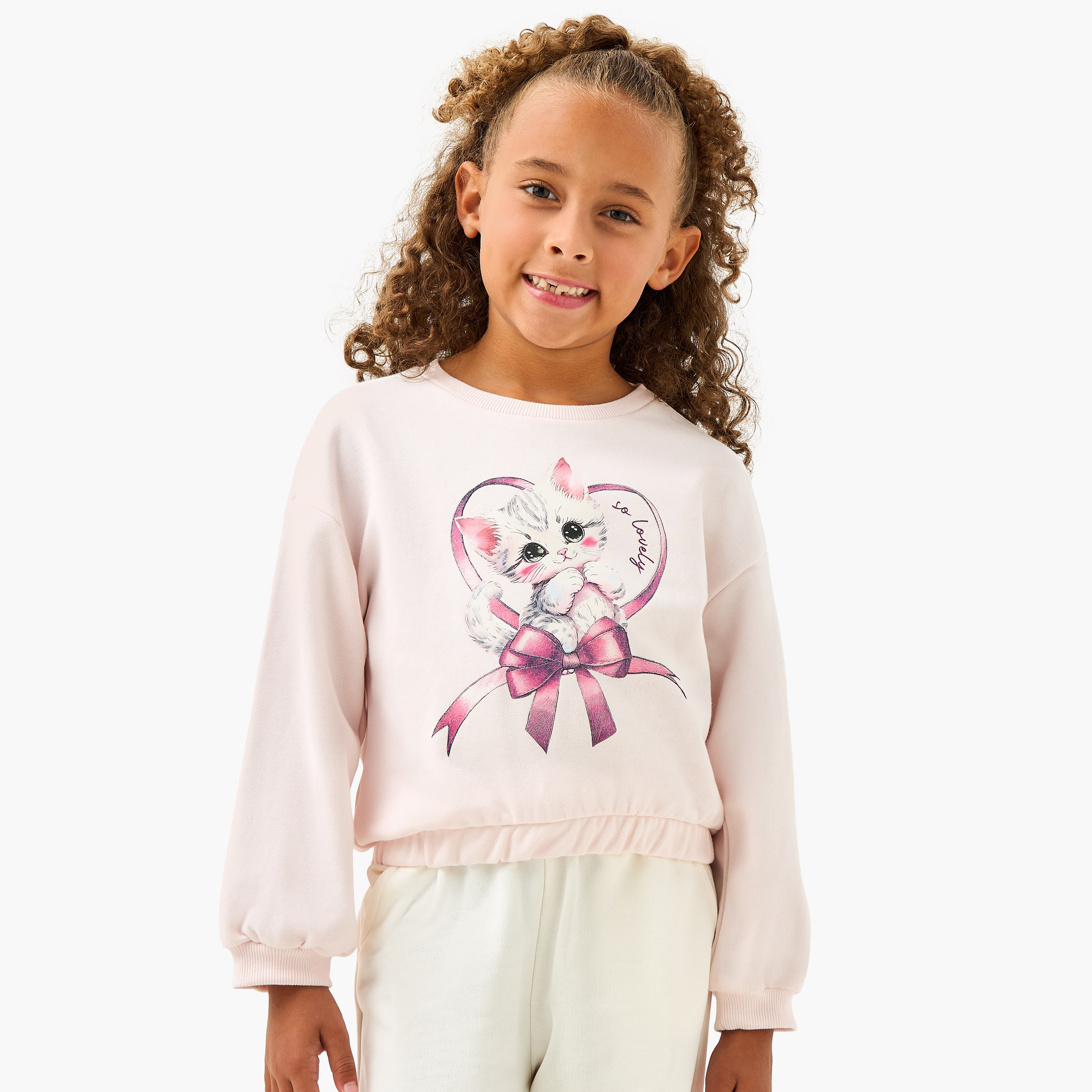 Juniors Cat Print Sweatshirt with Long Sleeves-baby-girls-clothing-winterwear-sweatshirts-image-1