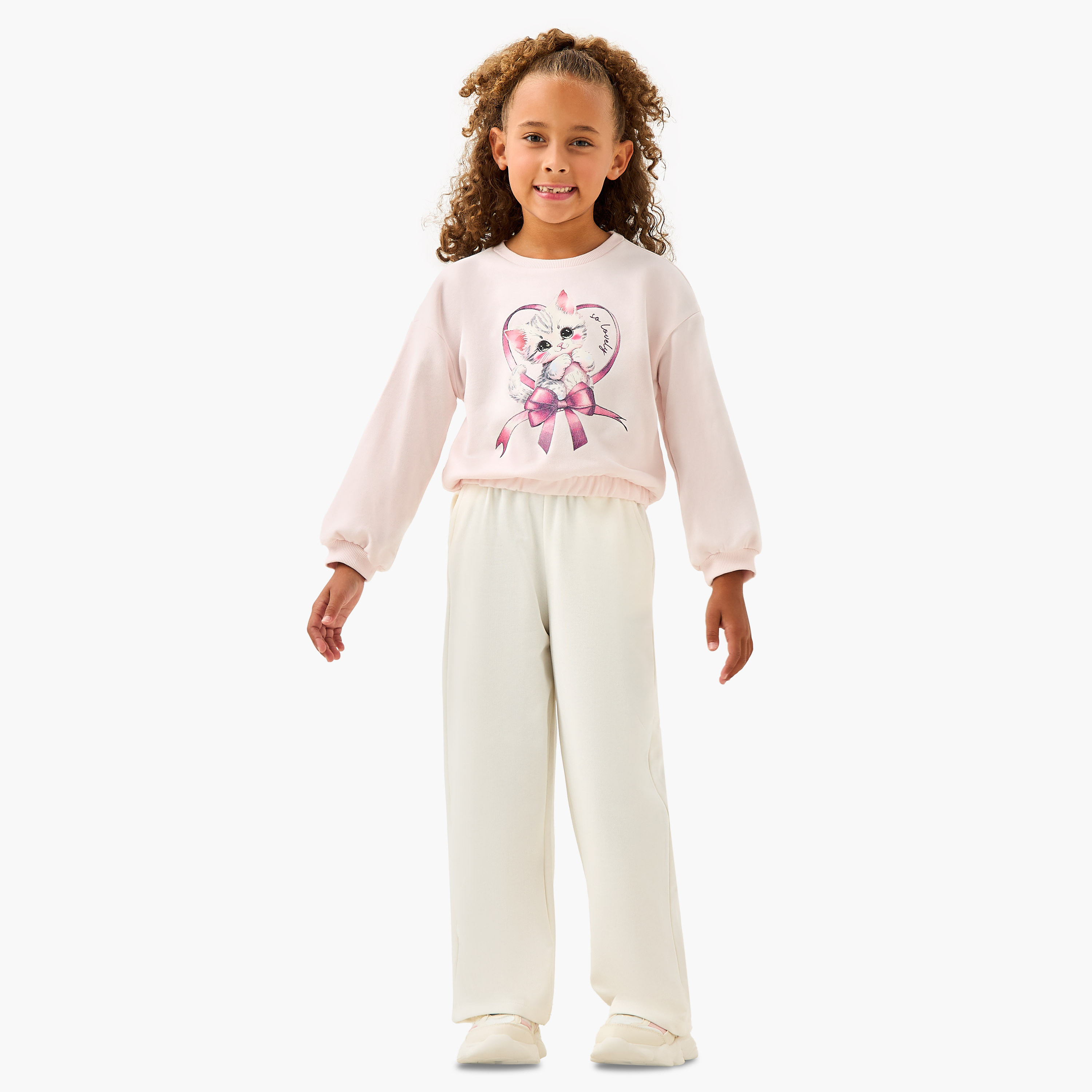Juniors Cat Print Sweatshirt with Long Sleeves-baby-girls-clothing-winterwear-sweatshirts-image-2
