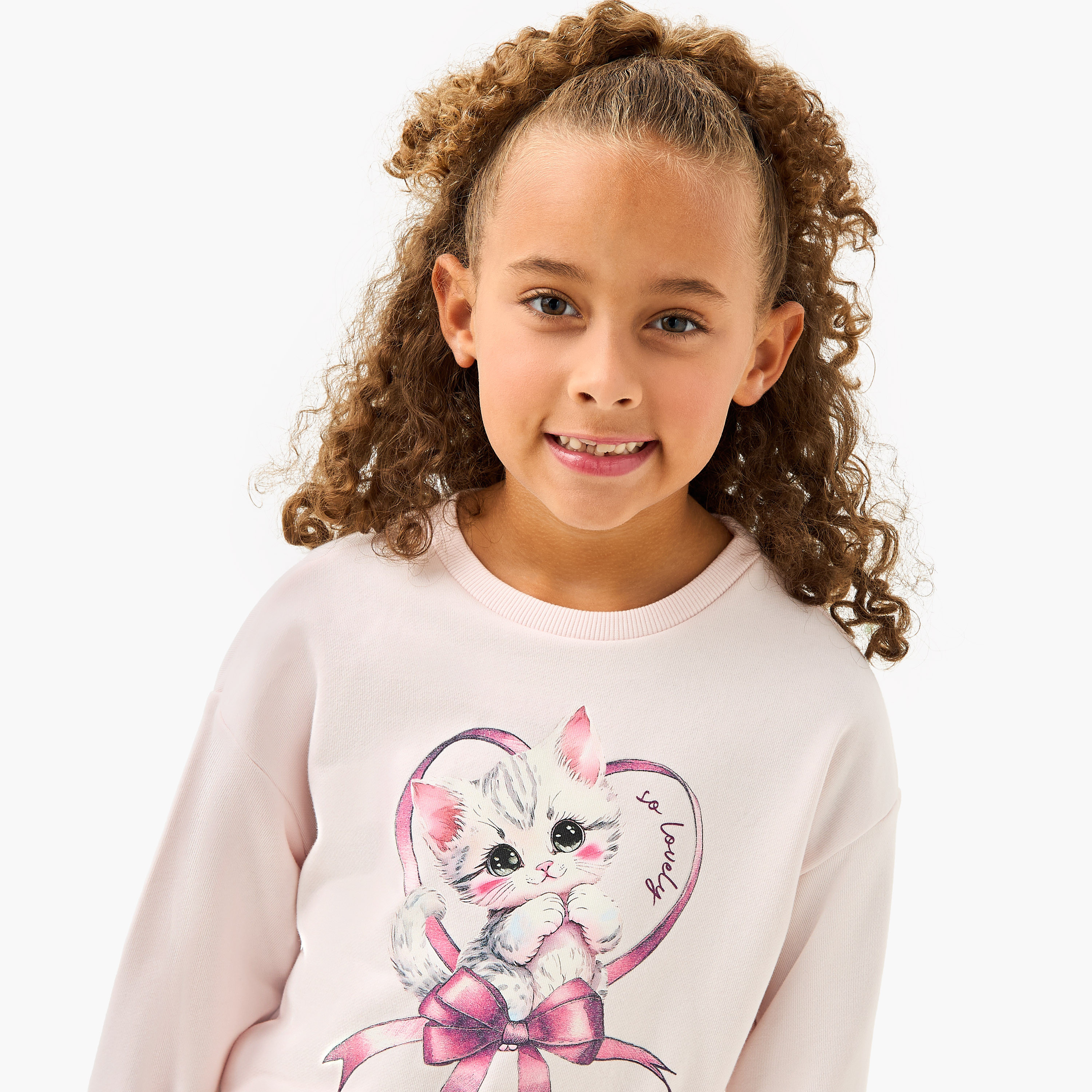 Juniors Cat Print Sweatshirt with Long Sleeves-baby-girls-clothing-winterwear-sweatshirts-image-4