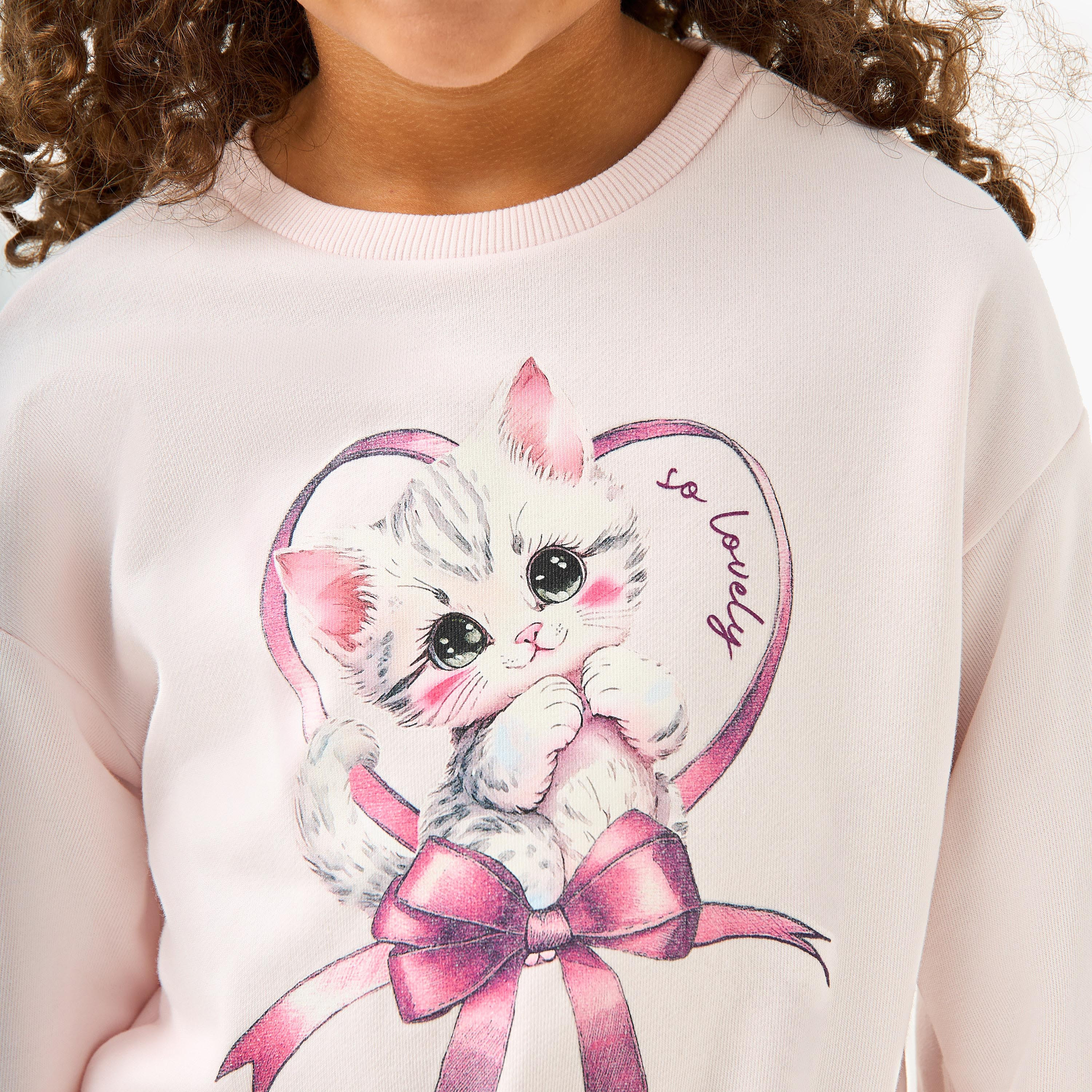 Juniors Cat Print Sweatshirt with Long Sleeves-baby-girls-clothing-winterwear-sweatshirts-image-5