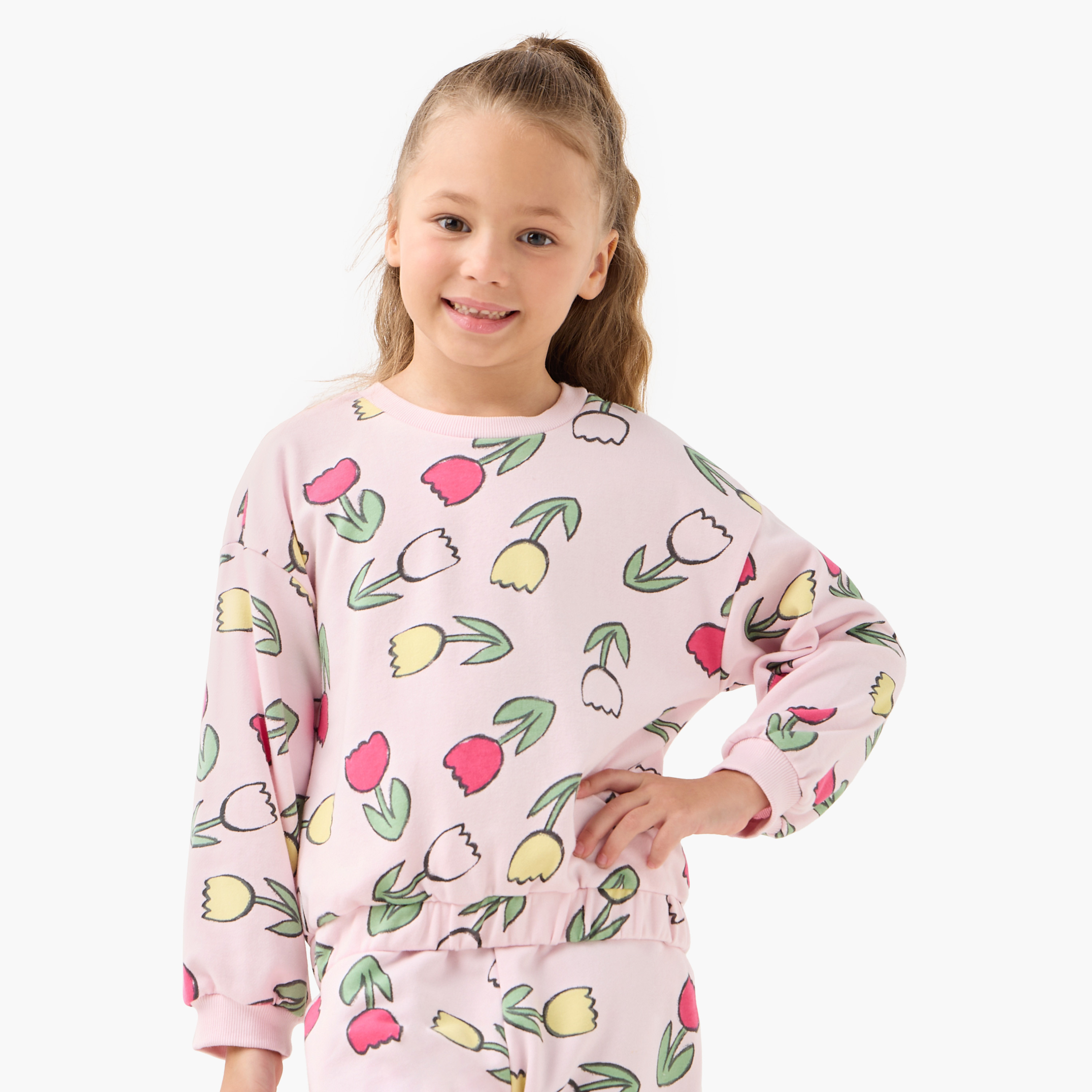 Juniors Floral Print Pullover with Crew Neck-baby-girls-clothing-winterwear-sweatshirts-image-1