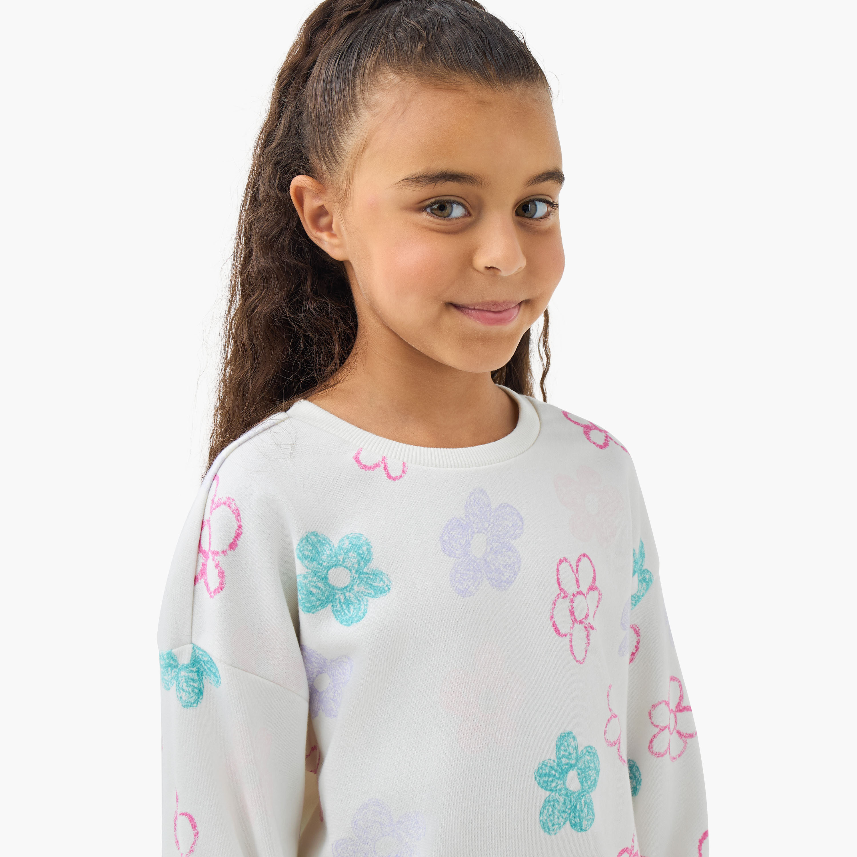 Juniors Floral Print Sweatshirt with Long Sleeves-baby-girls-clothing-sweatshirts-image-1