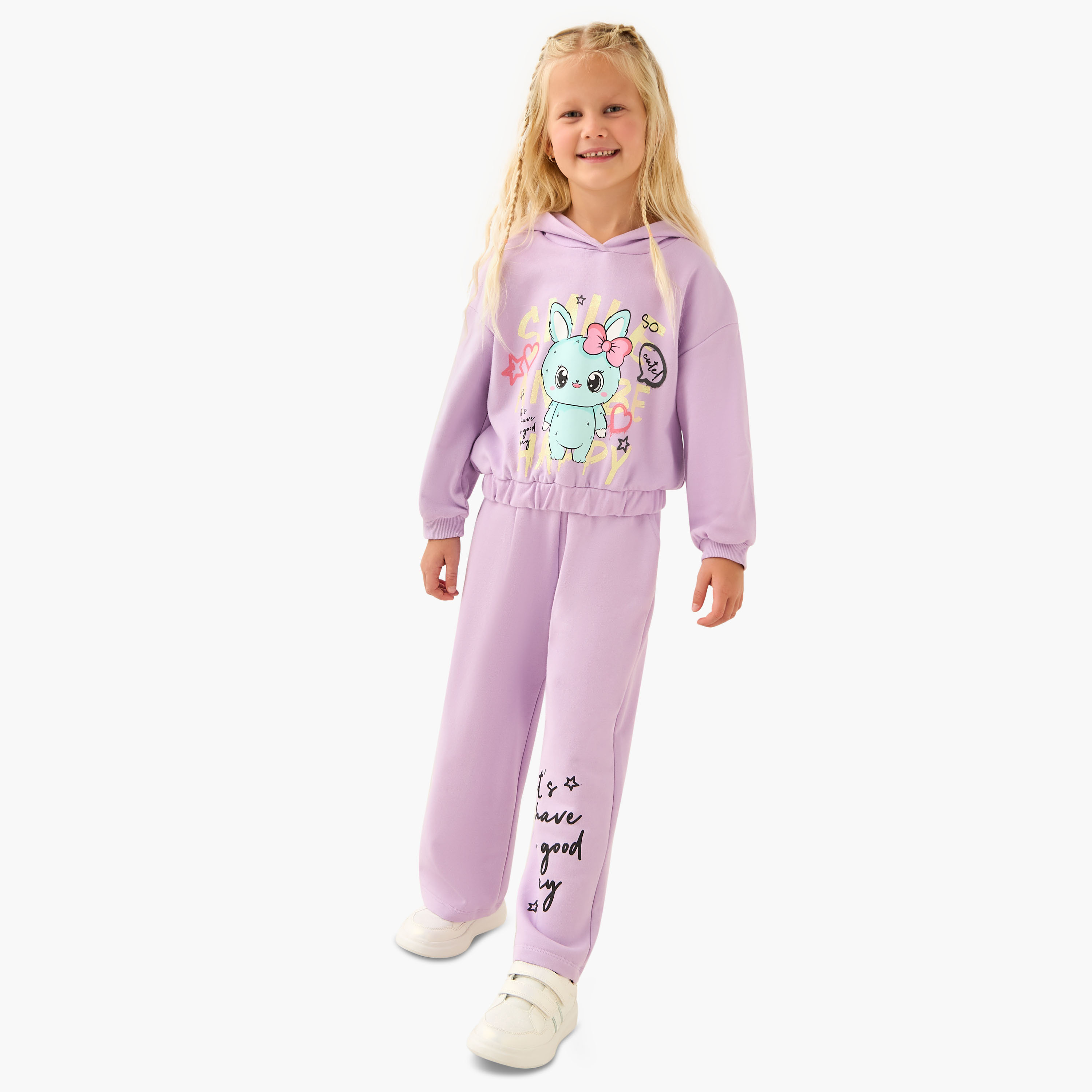 Juniors Bunny Print Hooded Sweatshirt with Long Sleeves-baby-girls-clothing-winterwear-sweatshirts-image-2