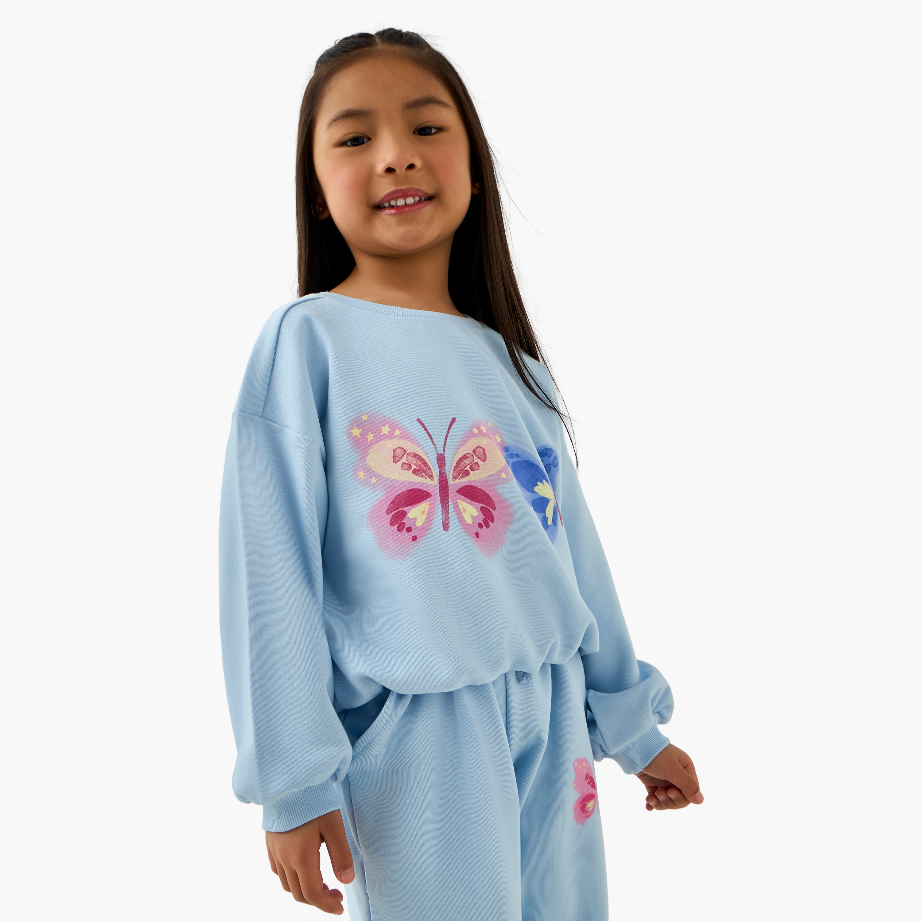 Juniors Butterfly Print Sweatshirt with Long Sleeves-baby-girls-clothing-winterwear-sweatshirts-image-1