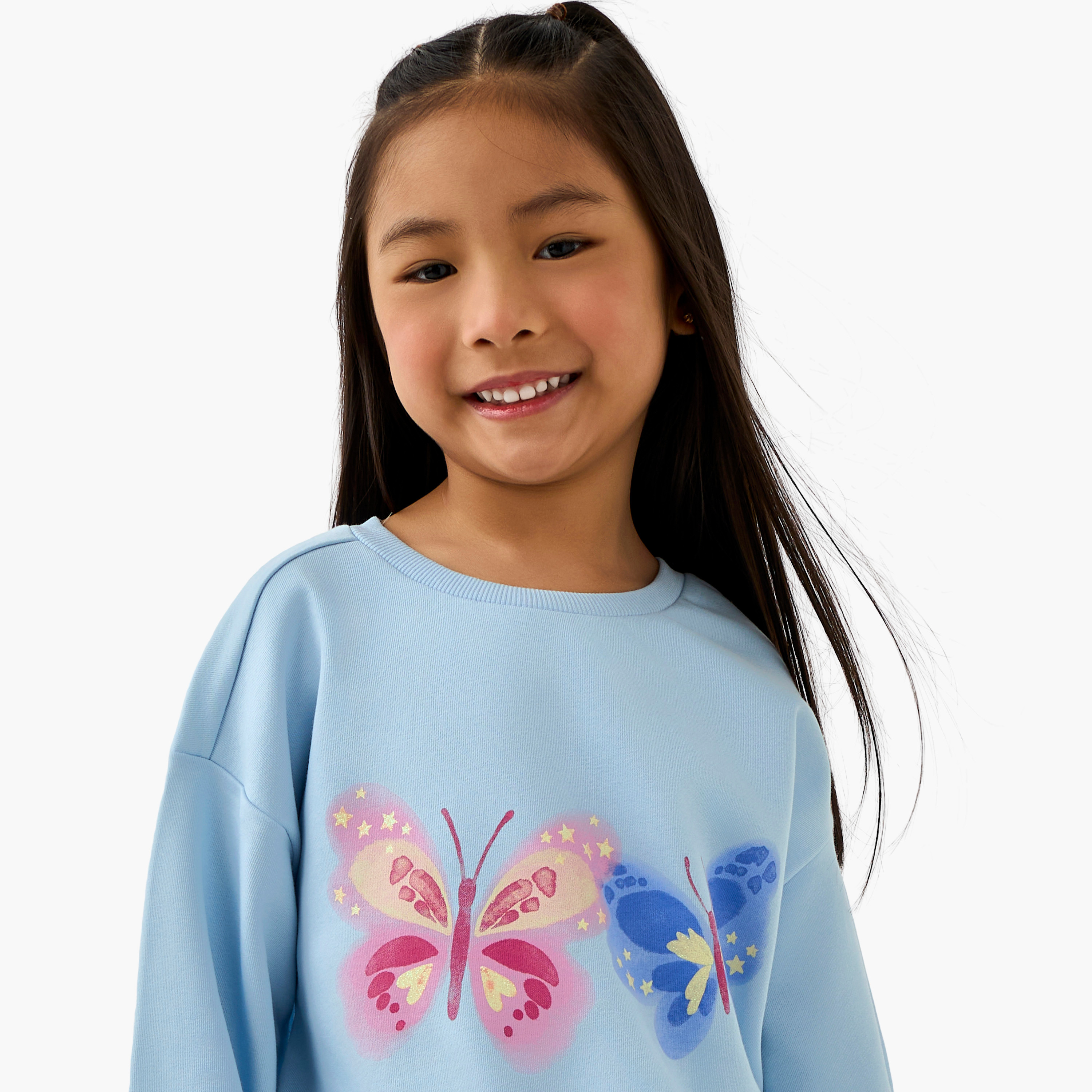 Juniors Butterfly Print Sweatshirt with Long Sleeves-baby-girls-clothing-winterwear-sweatshirts-image-4
