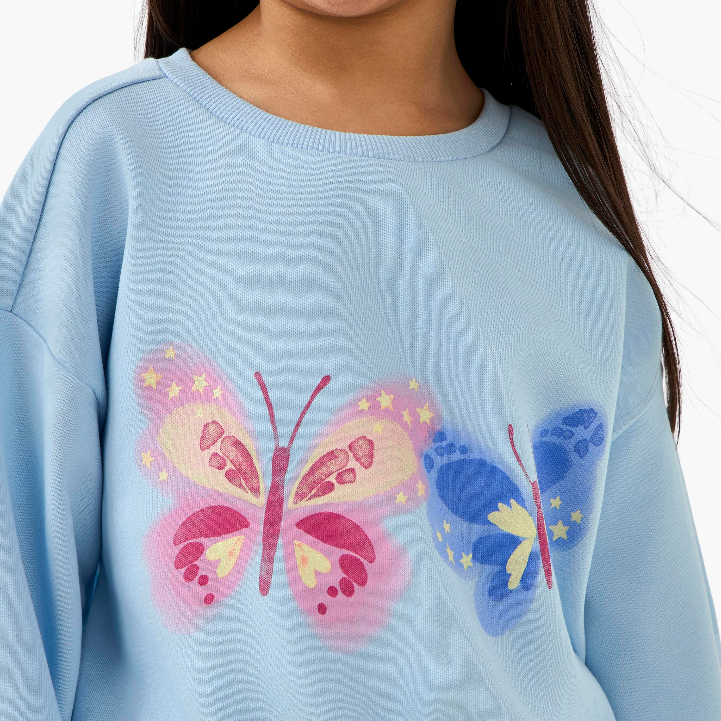 Juniors Butterfly Print Sweatshirt with Long Sleeves-baby-girls-clothing-winterwear-sweatshirts-image-5