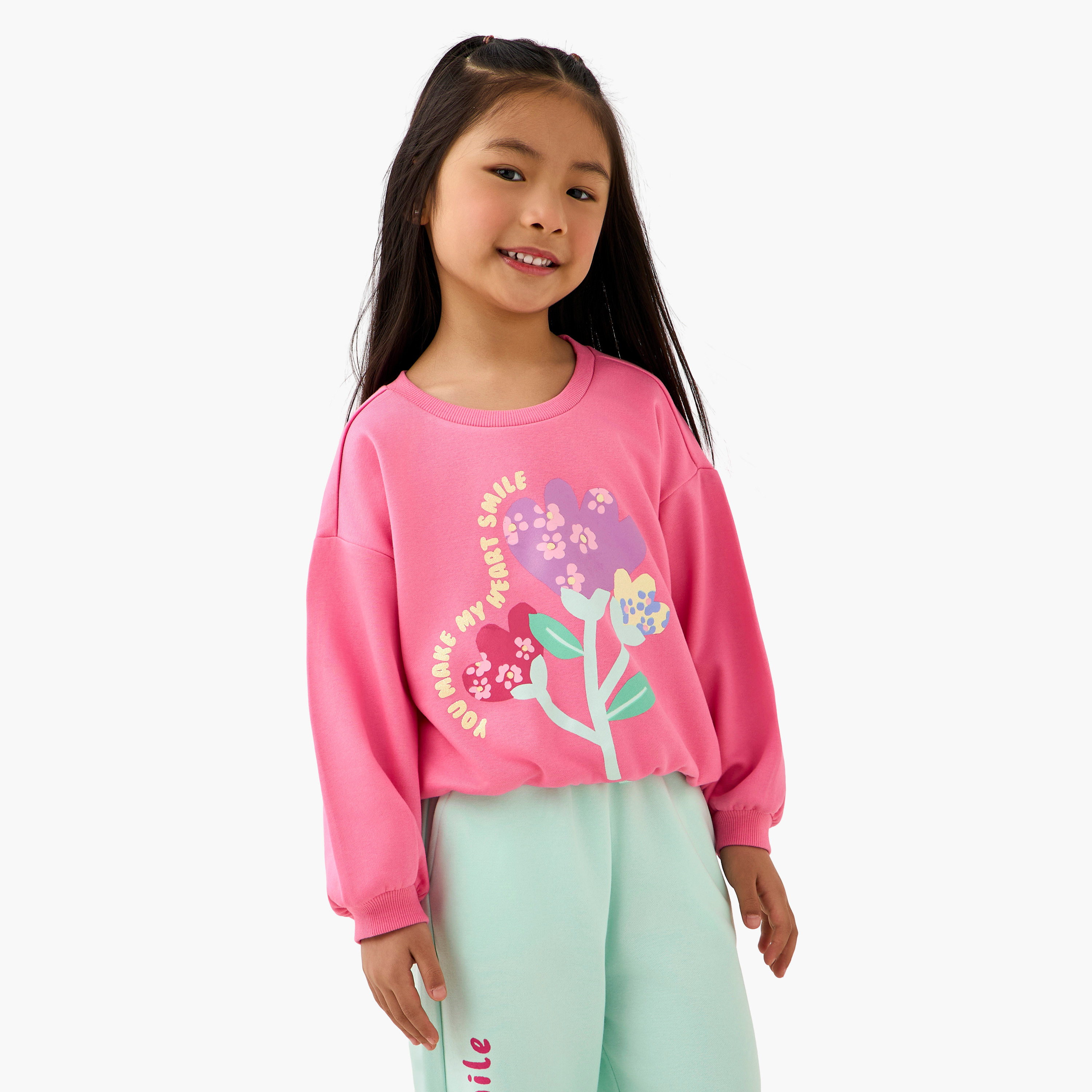 Juniors Floral Print Sweatshirt with Long Sleeves-baby-girls-clothing-sweatshirts-image-1