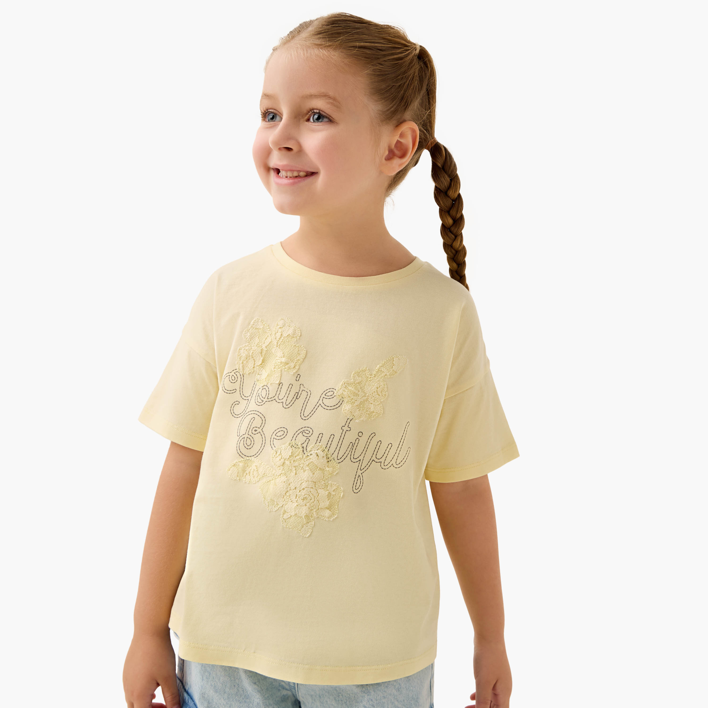 Juniors Lace Detail T-shirt with Crew Neck-girls-clothing-tshirts-image-1