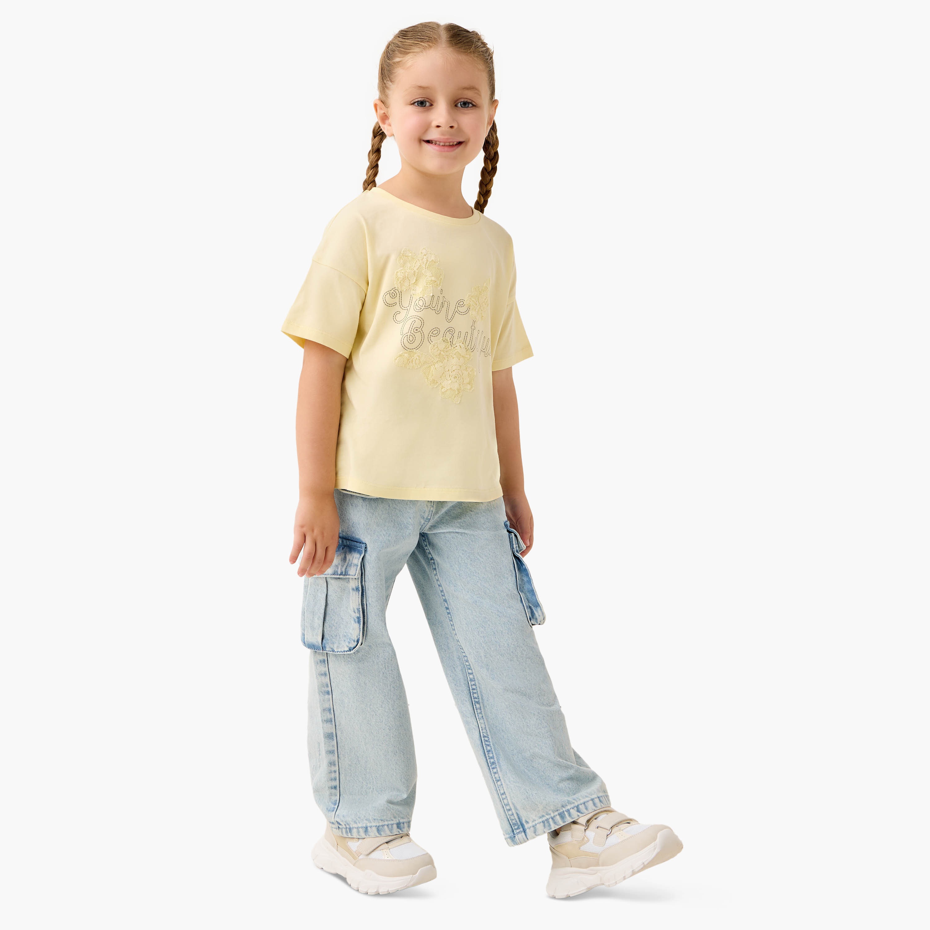 Juniors Lace Detail T-shirt with Crew Neck-girls-clothing-tshirts-image-2