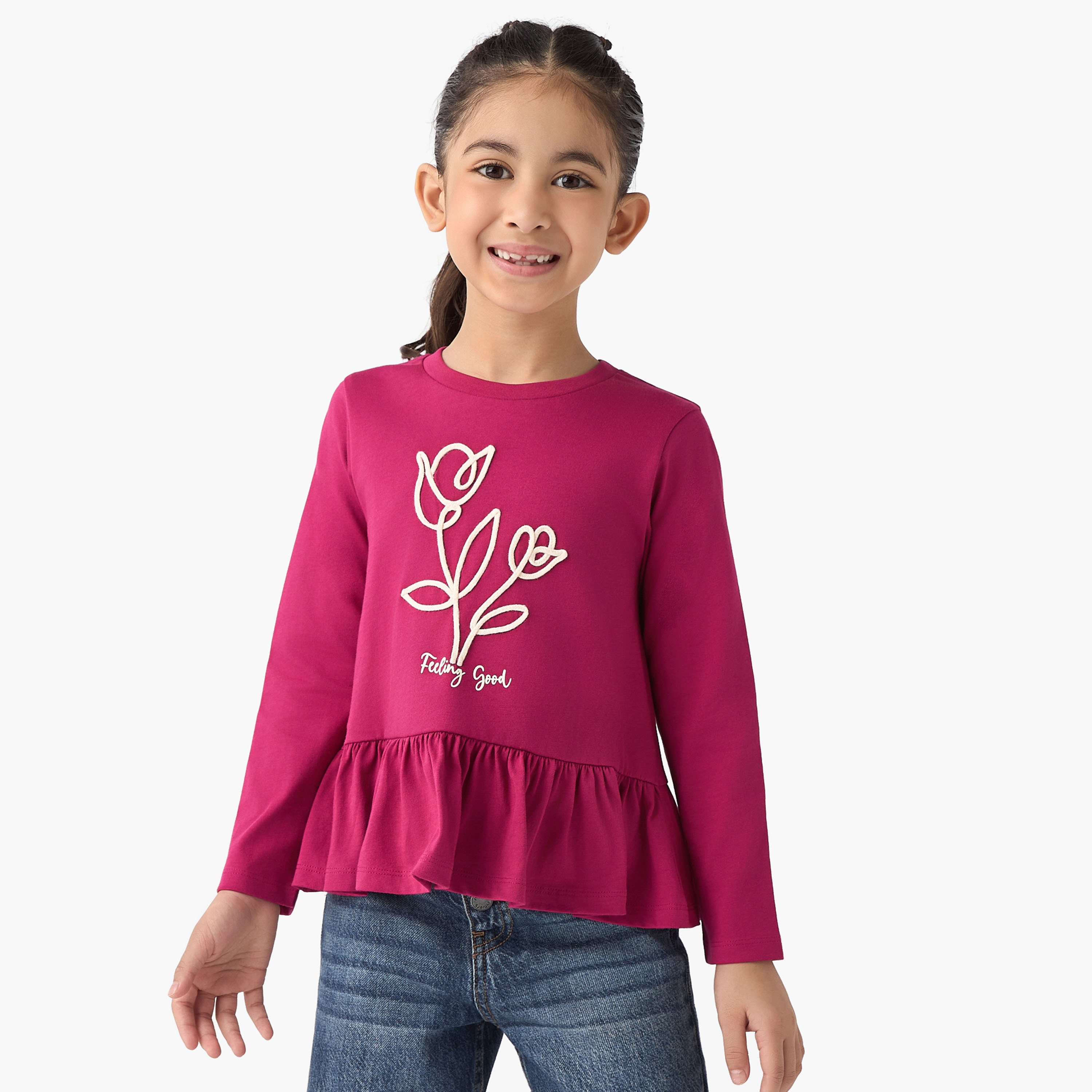 Juniors Crew Neck Long Sleeves T-shirt with Floral Detail-girls-clothing-tshirts-image-1