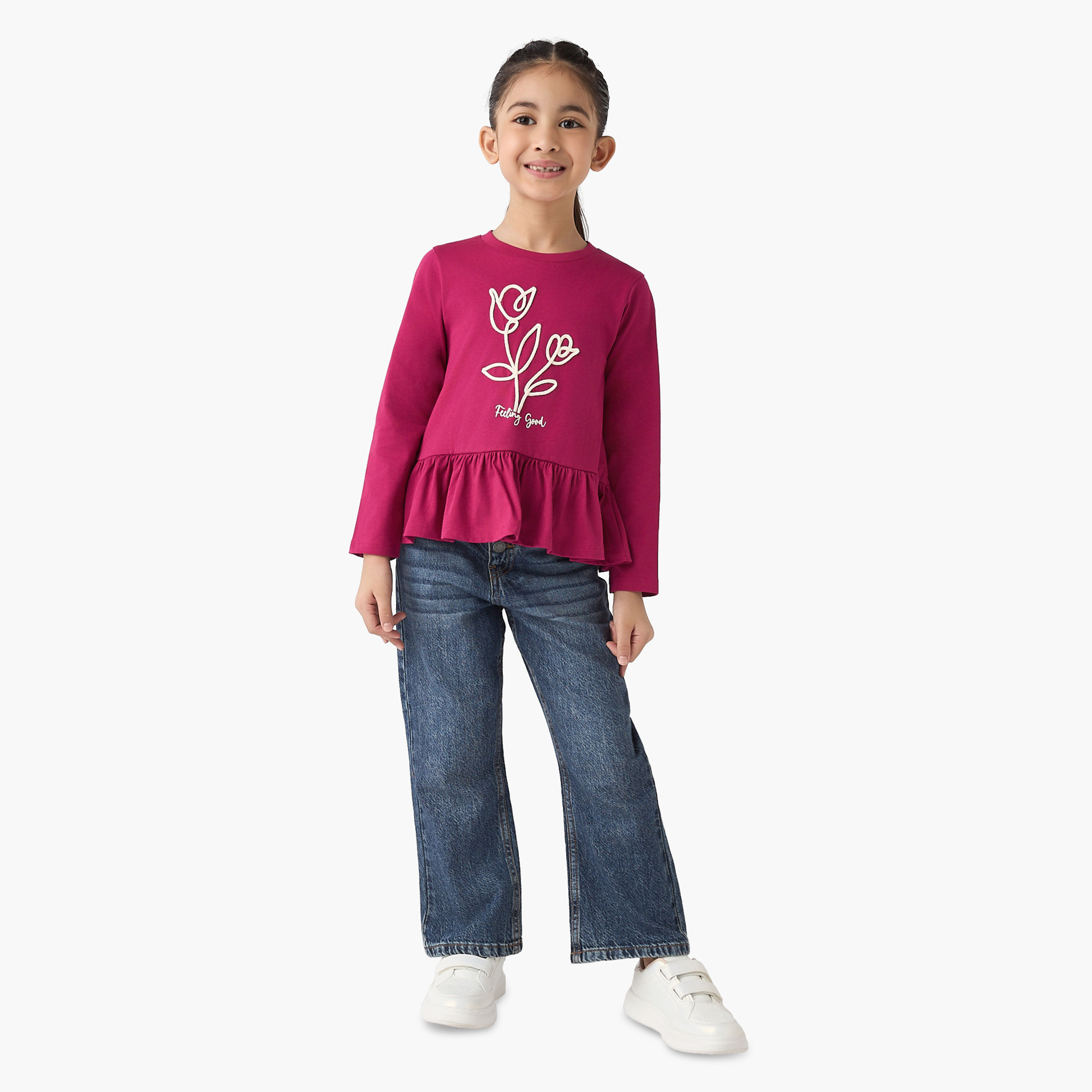 Juniors Crew Neck Long Sleeves T-shirt with Floral Detail-girls-clothing-tshirts-image-2