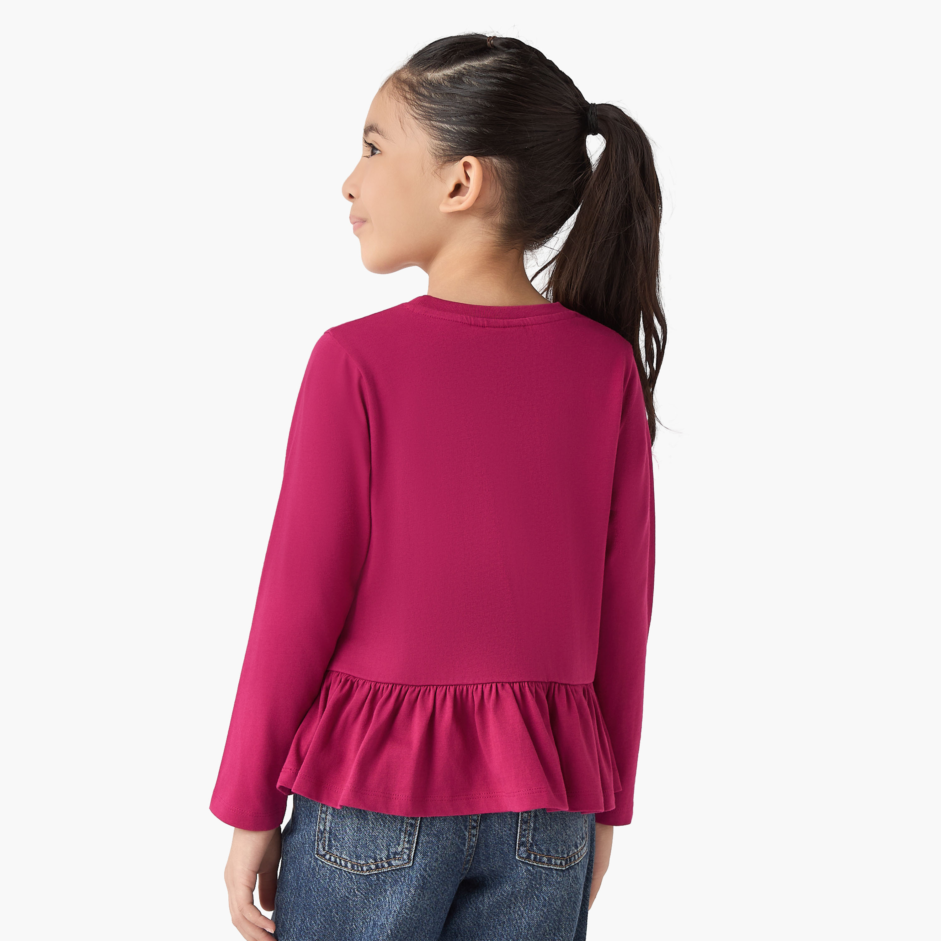 Juniors Crew Neck Long Sleeves T-shirt with Floral Detail-girls-clothing-tshirts-image-3