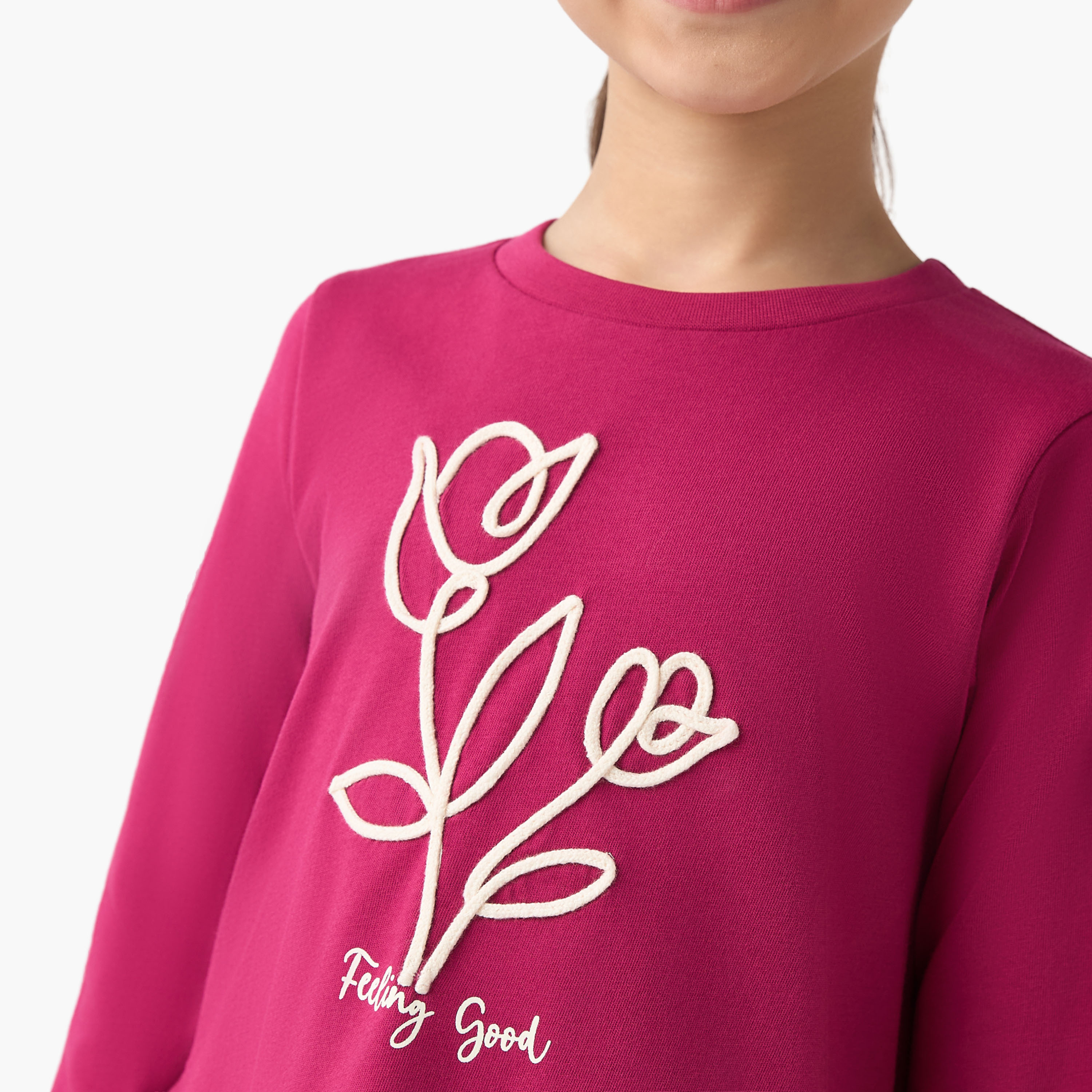 Juniors Crew Neck Long Sleeves T-shirt with Floral Detail-girls-clothing-tshirts-image-4