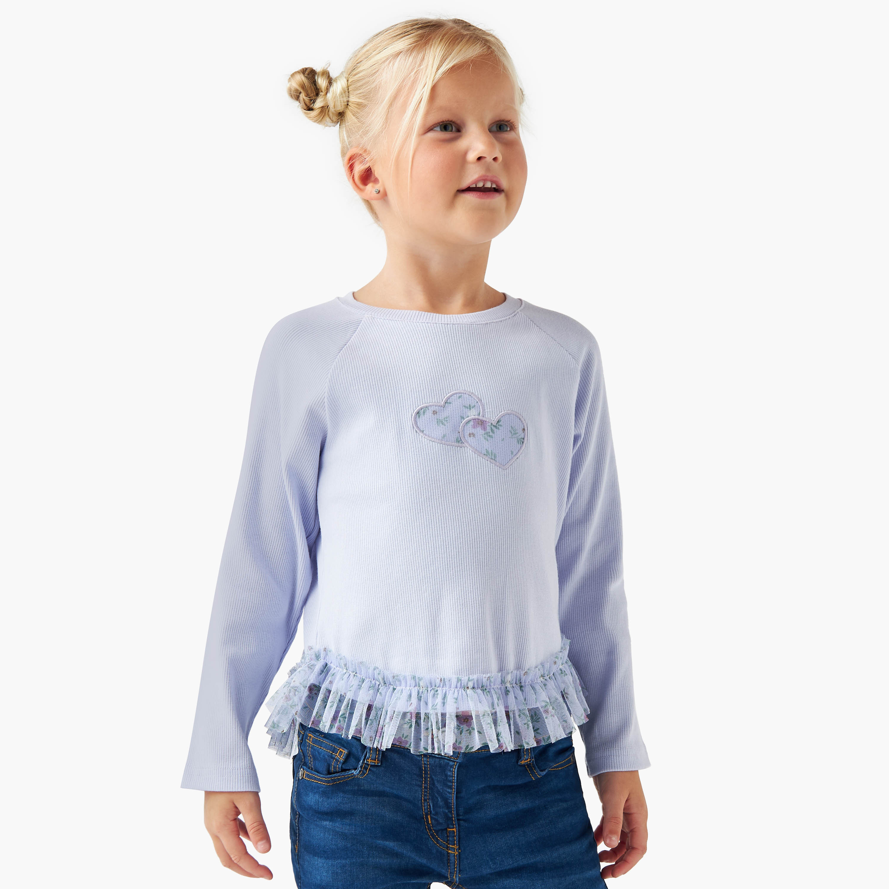 Juniors Heart Applique Top with Ruffles and Long Sleeves-girls-clothing-tshirts-image-1