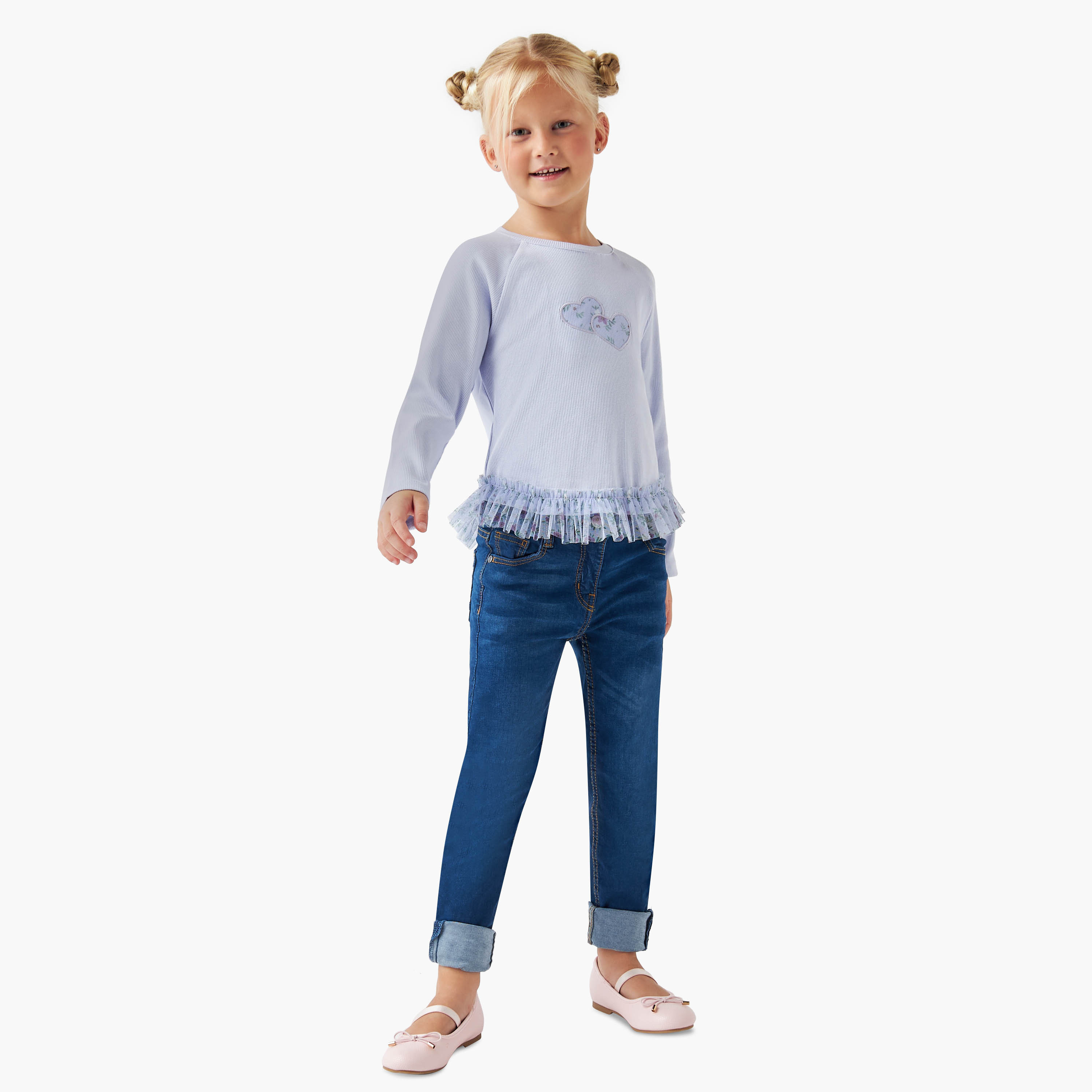 Juniors Heart Applique Top with Ruffles and Long Sleeves-girls-clothing-tshirts-image-2