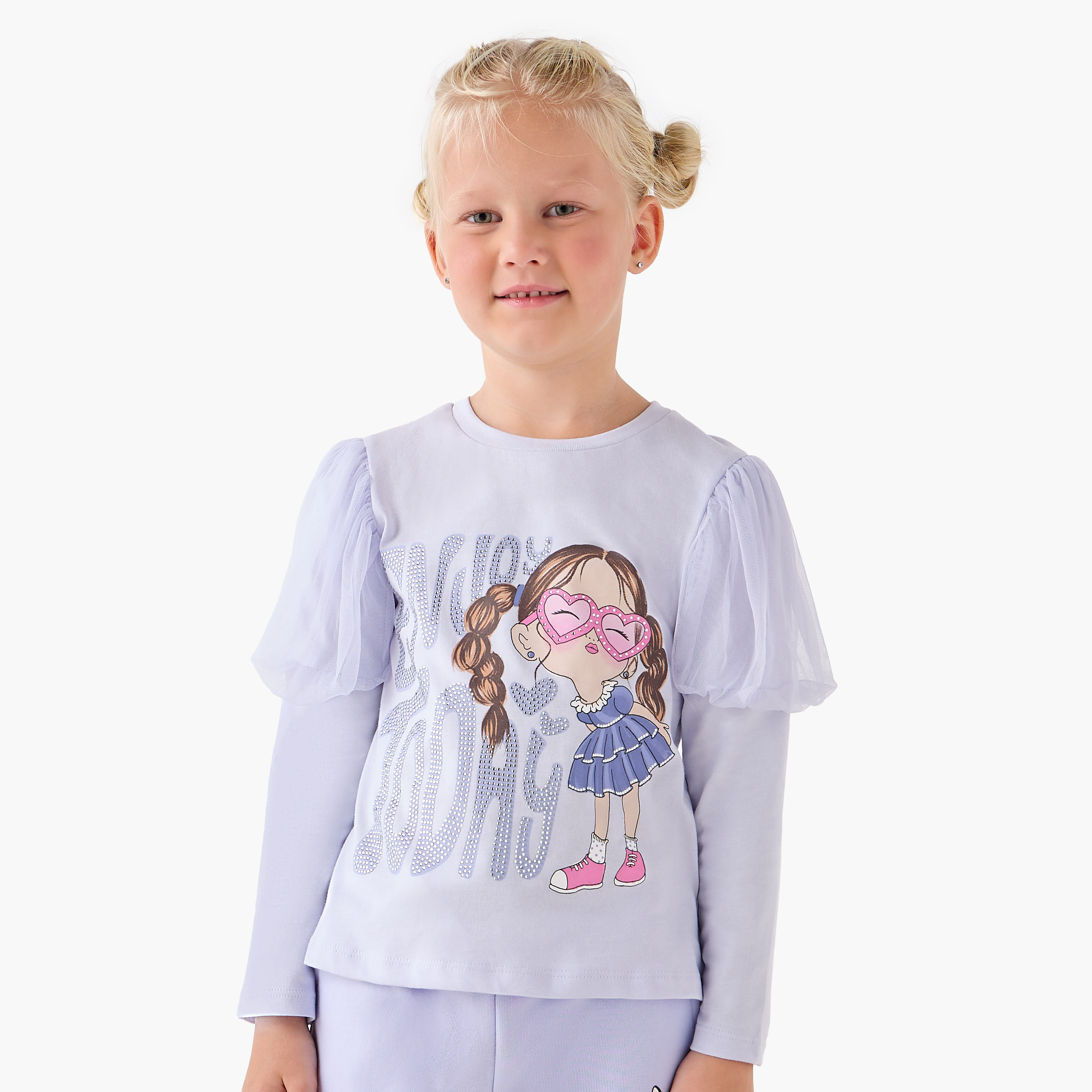 Juniors Girls Crew Neck T-shirt with Graphic Print - Cotton - Long Puff Sleeves-girls-clothing-tshirts-image-1