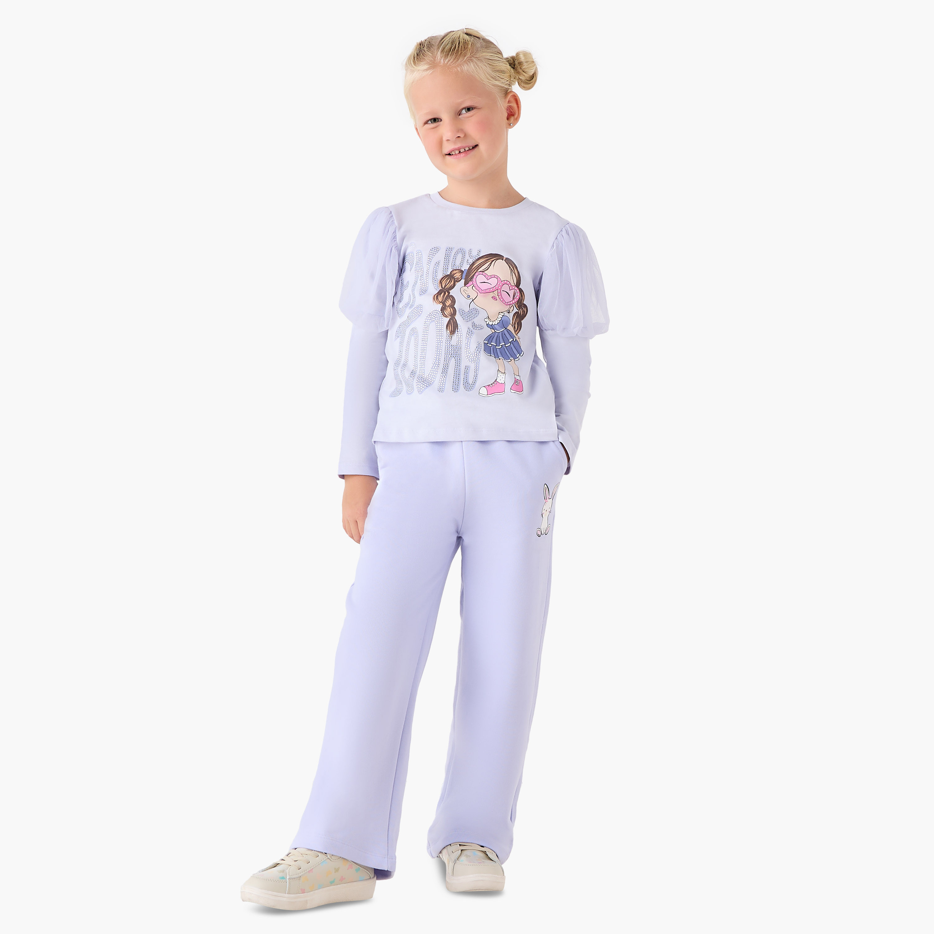 Juniors Girls Crew Neck T-shirt with Graphic Print - Cotton - Long Puff Sleeves-girls-clothing-tshirts-image-2