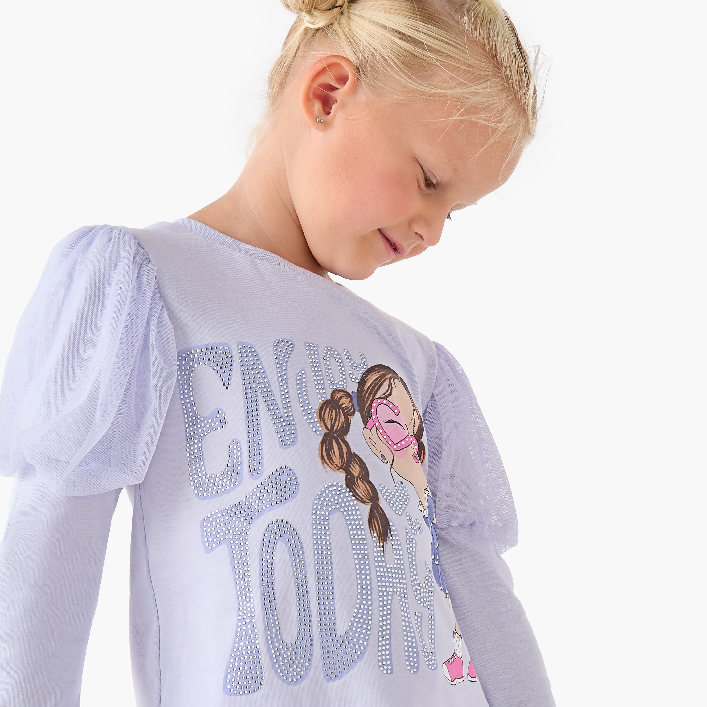 Juniors Girls Crew Neck T-shirt with Graphic Print - Cotton - Long Puff Sleeves-girls-clothing-tshirts-image-4
