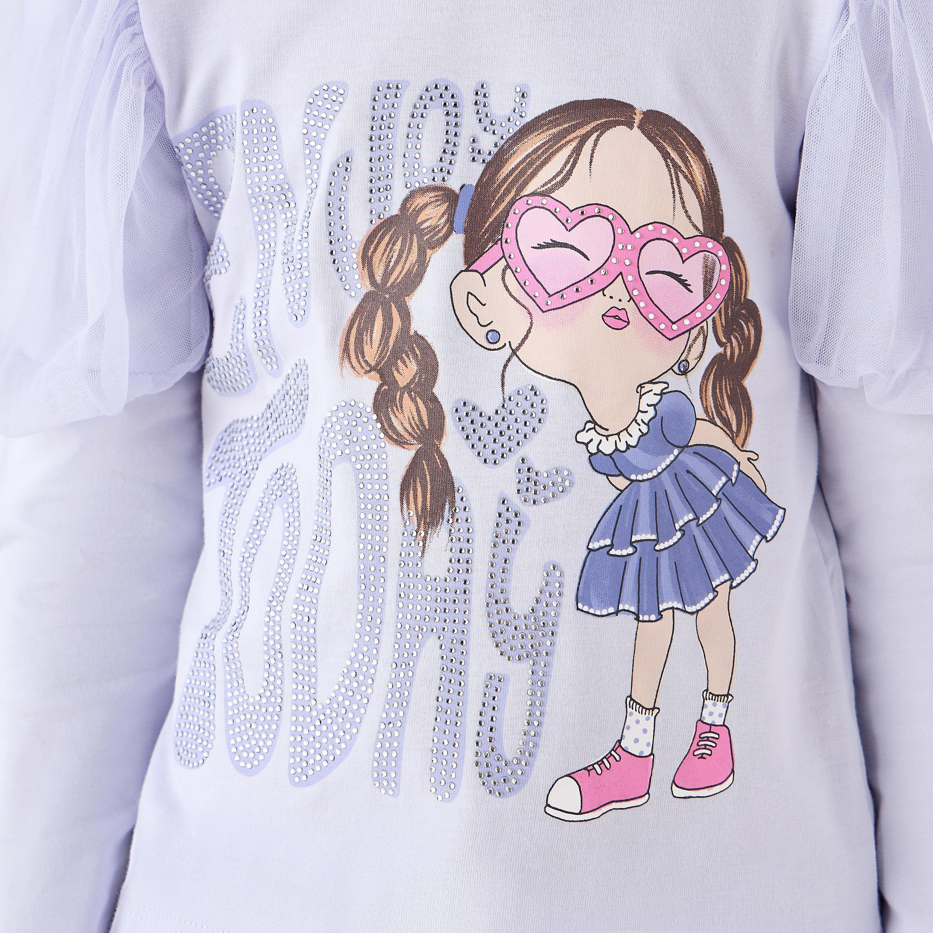Juniors Girls Crew Neck T-shirt with Graphic Print - Cotton - Long Puff Sleeves-girls-clothing-tshirts-image-5