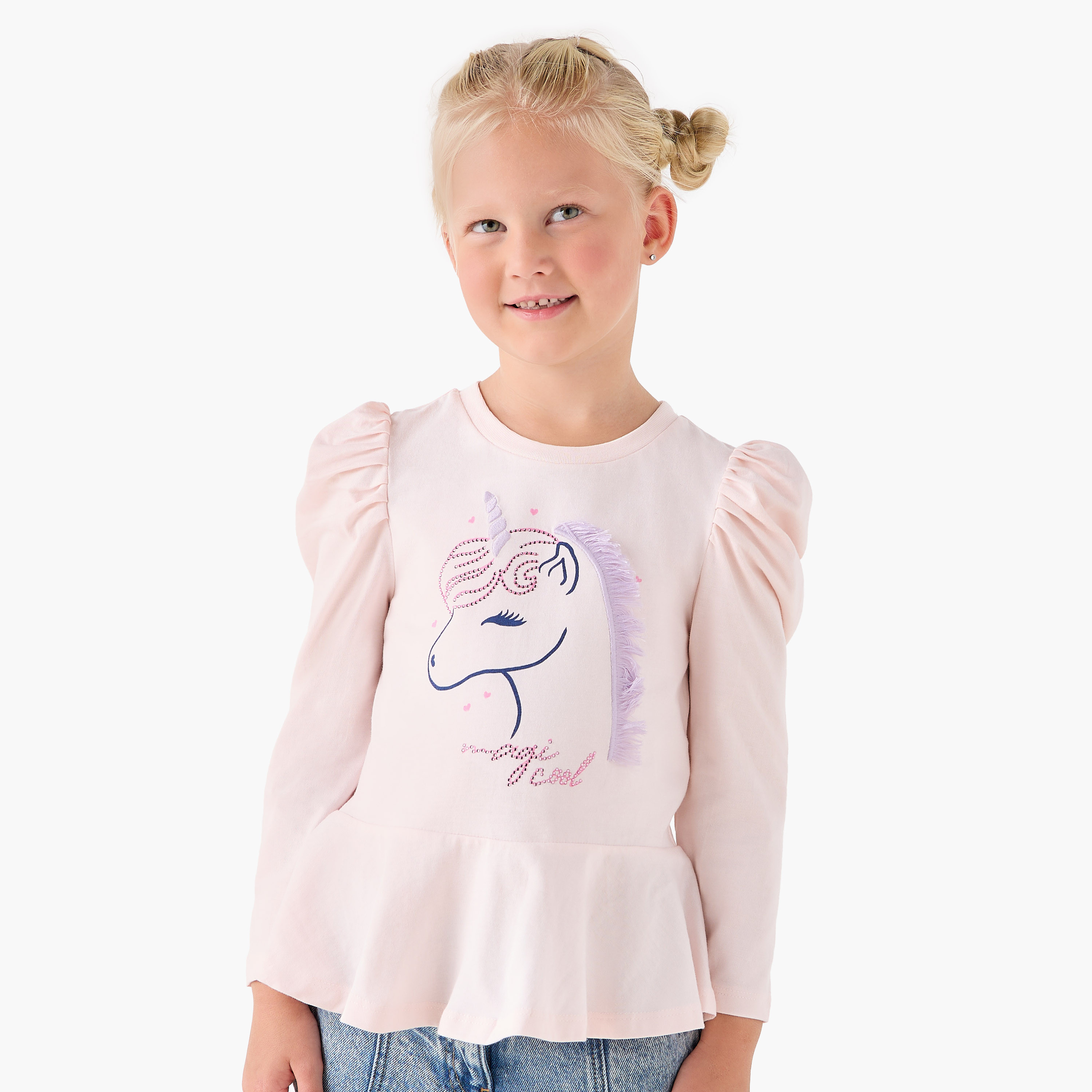 Juniors Girls Crew Neck T-shirt with Unicorn Print - Cotton - Long Sleeves-girls-clothing-tshirts-image-1