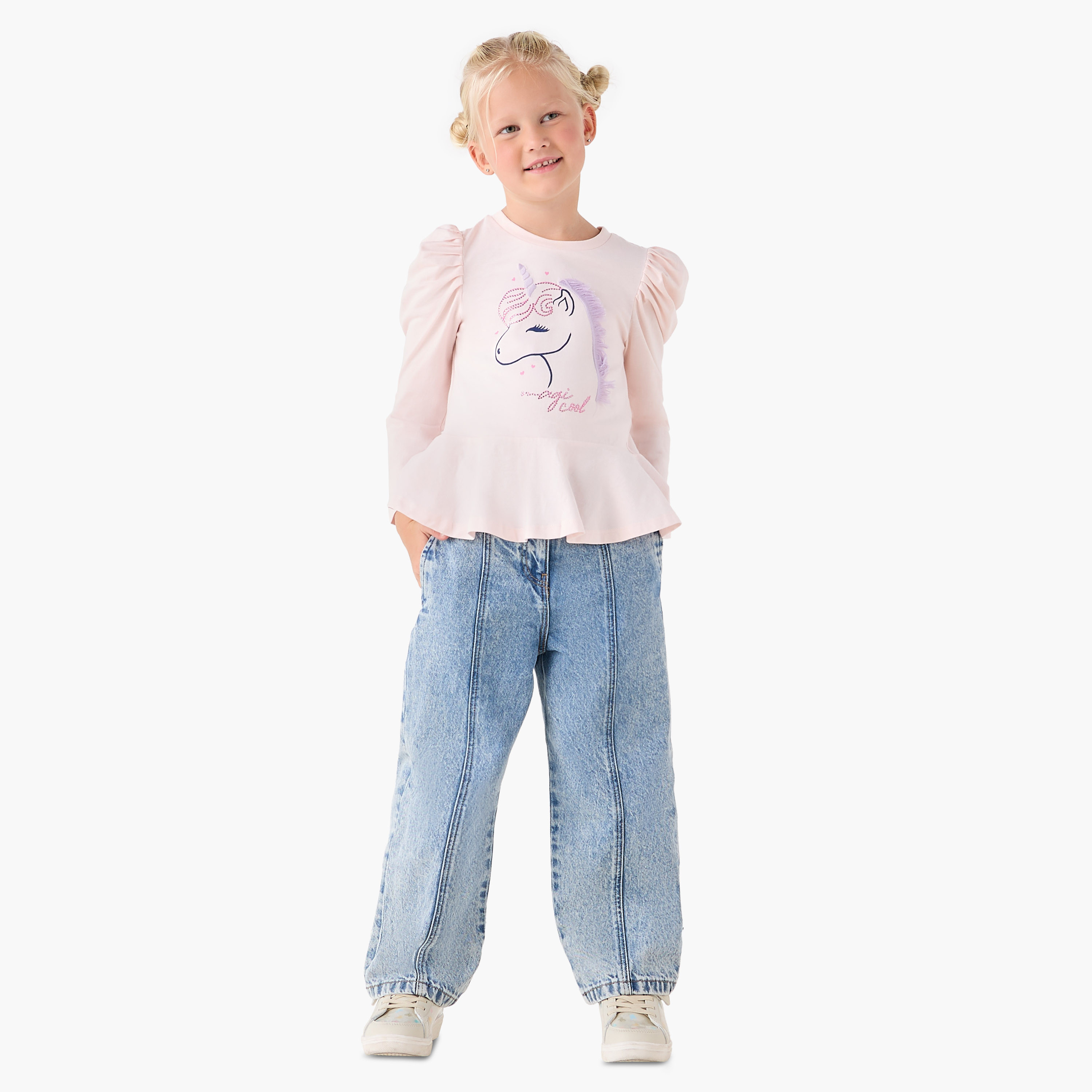 Juniors Girls Crew Neck T-shirt with Unicorn Print - Cotton - Long Sleeves-girls-clothing-tshirts-image-2