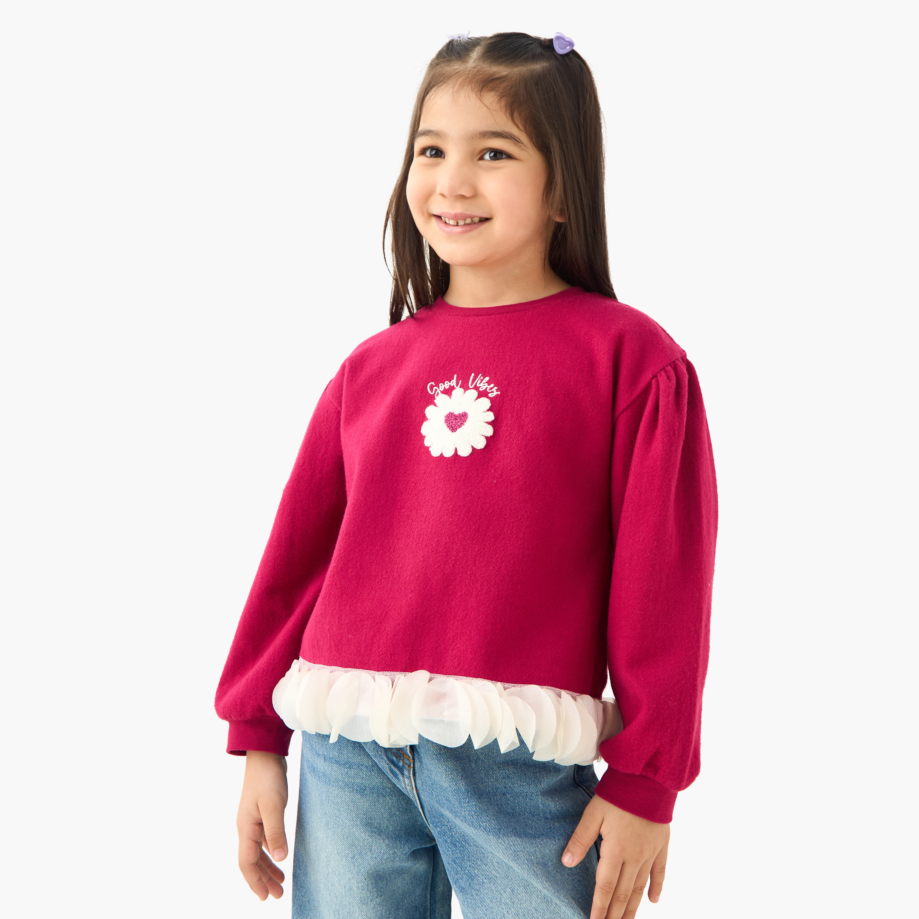 Juniors Floral Textured Top with Long Sleeves-girls-clothing-tshirts-image-1