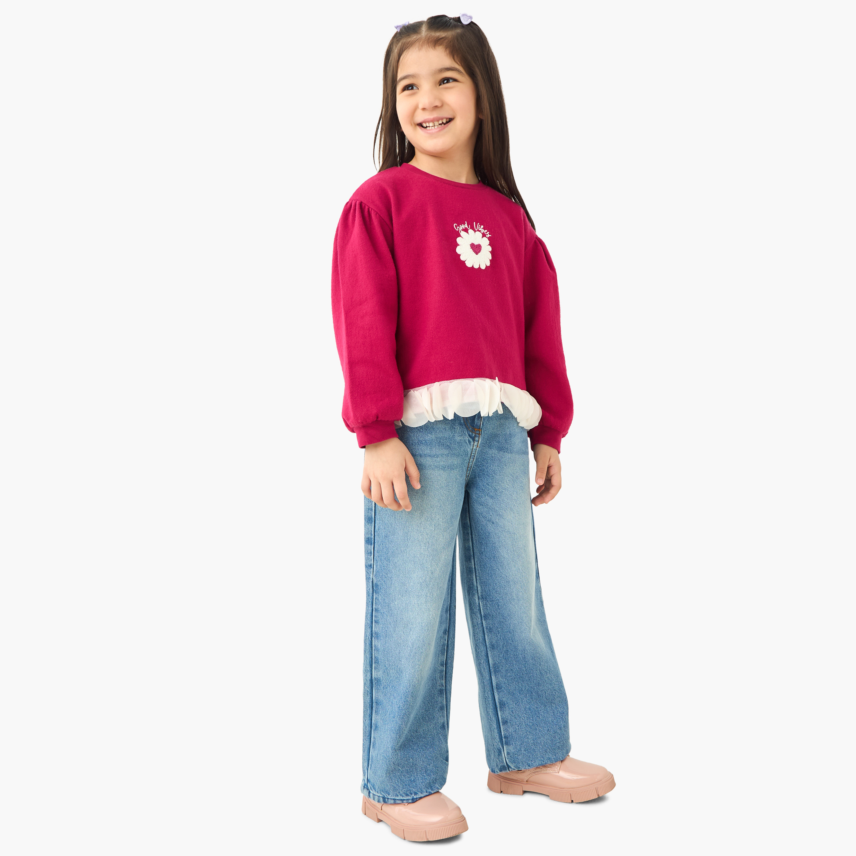 Juniors Floral Textured Top with Long Sleeves-girls-clothing-tshirts-image-2