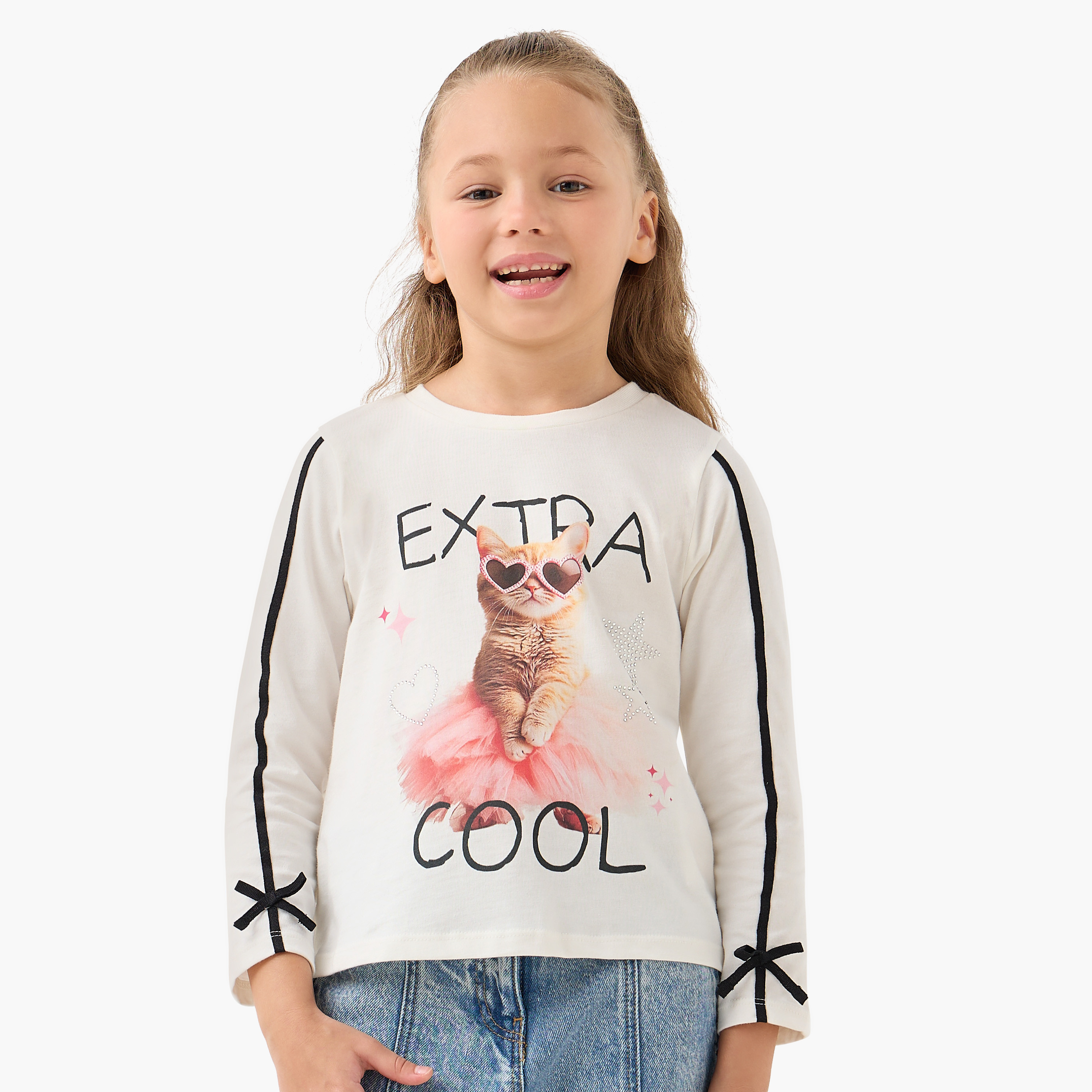 Juniors Cat Print Top with Bow Accents-girls-clothing-tshirts-image-1