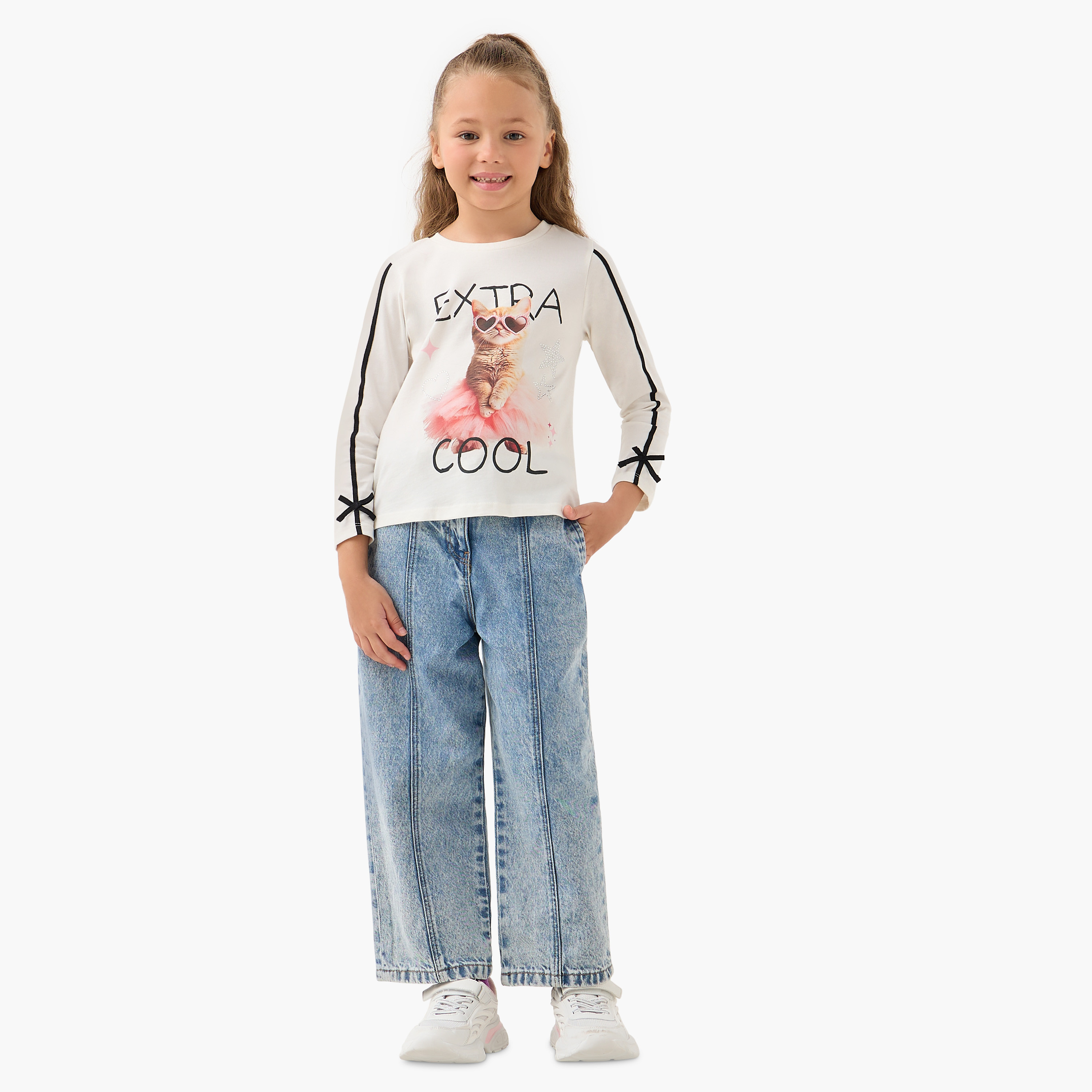 Juniors Cat Print Top with Bow Accents-girls-clothing-tshirts-image-2