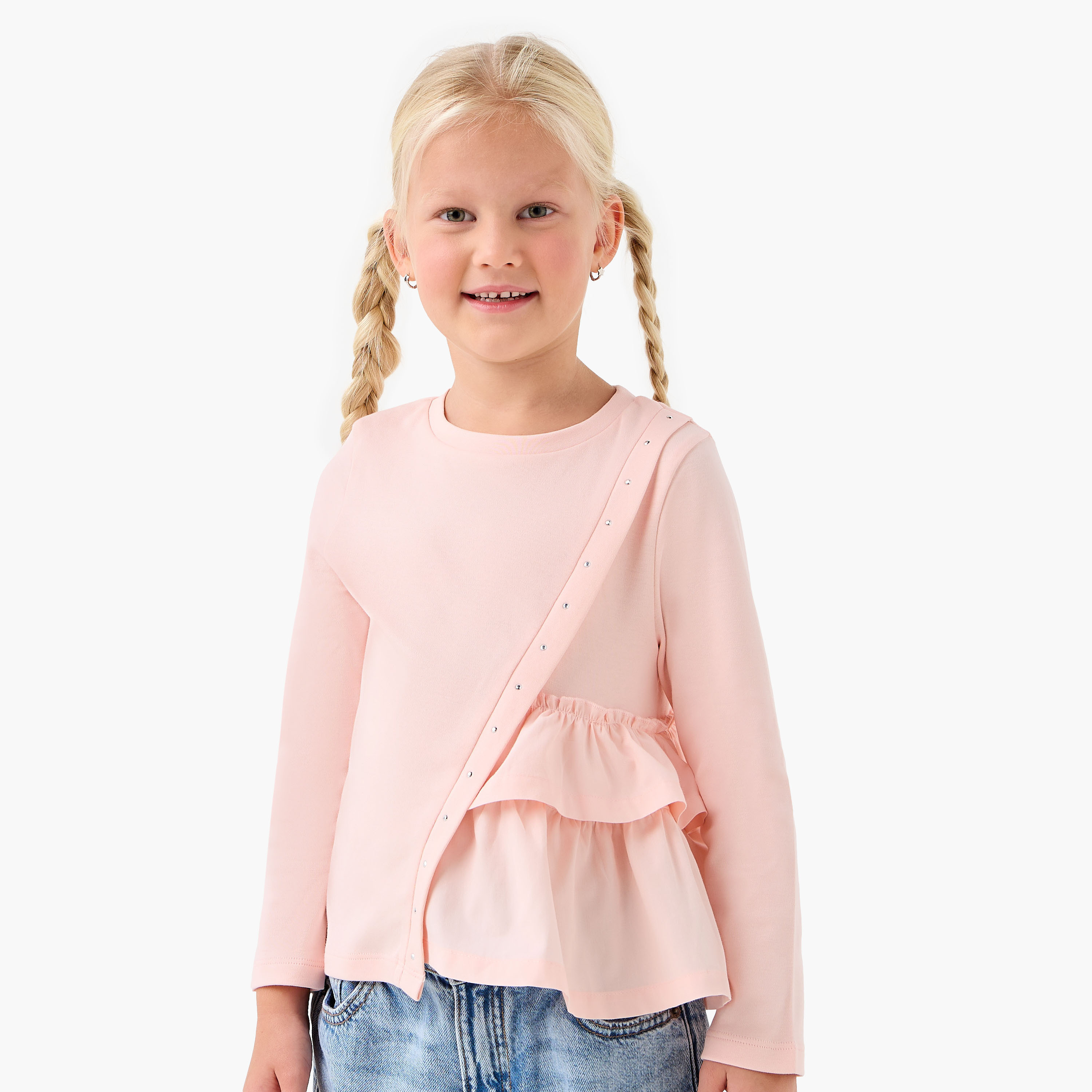 Juniors Girls Crew Neck T-shirt with Ruffle Detail - Cotton - Long Sleeves-girls-clothing-tshirts-image-1