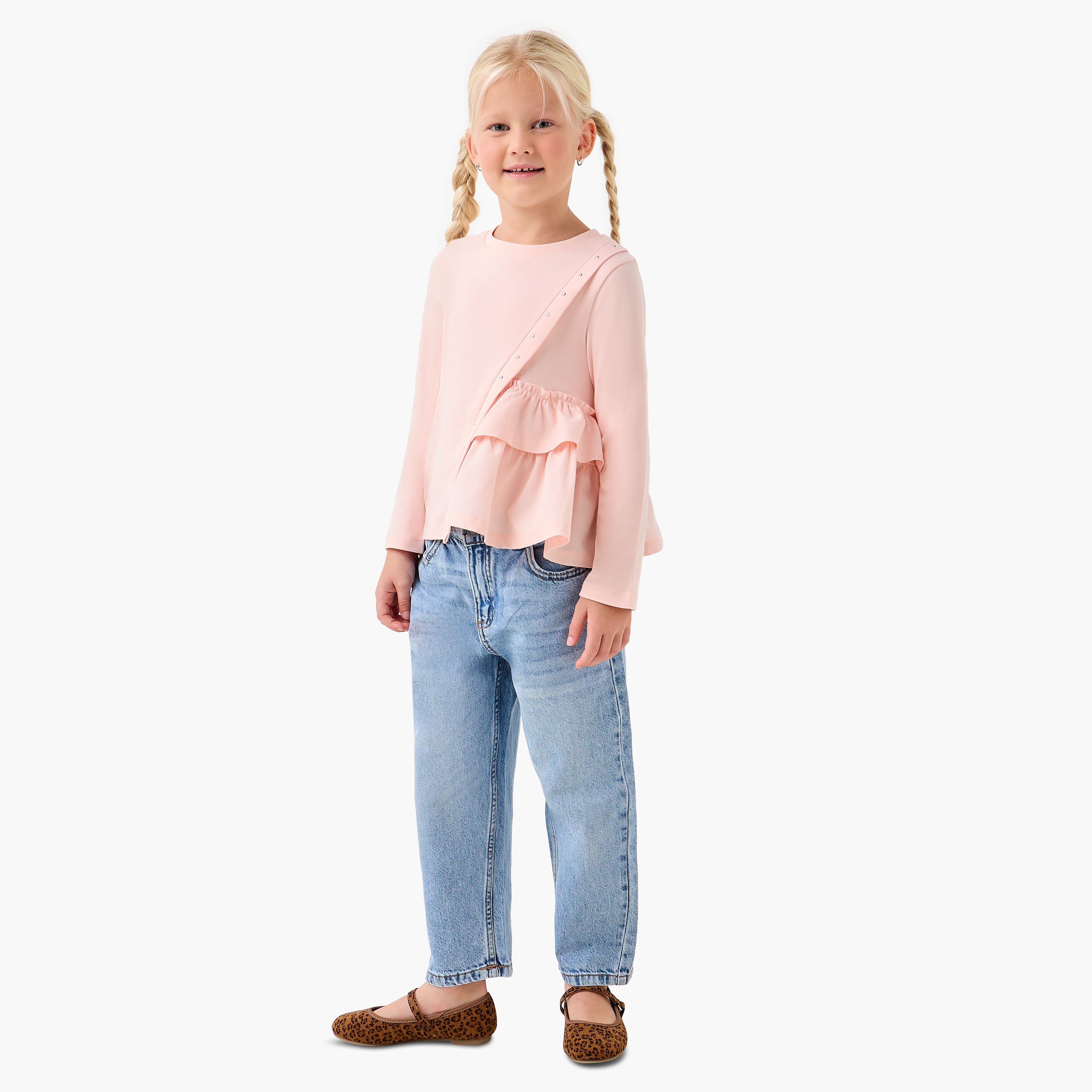 Juniors Girls Crew Neck T-shirt with Ruffle Detail - Cotton - Long Sleeves-girls-clothing-tshirts-image-2