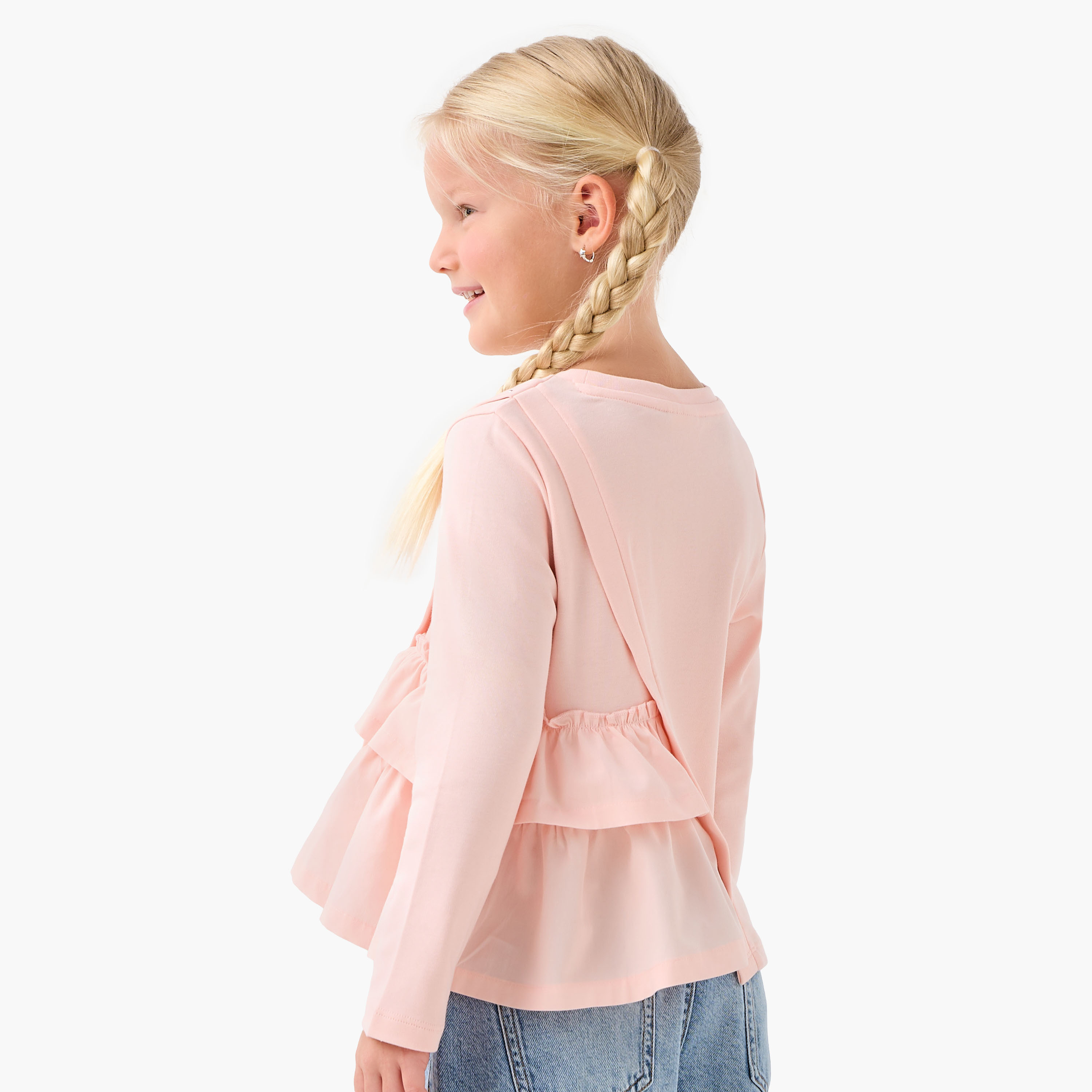 Juniors Girls Crew Neck T-shirt with Ruffle Detail - Cotton - Long Sleeves-girls-clothing-tshirts-image-3