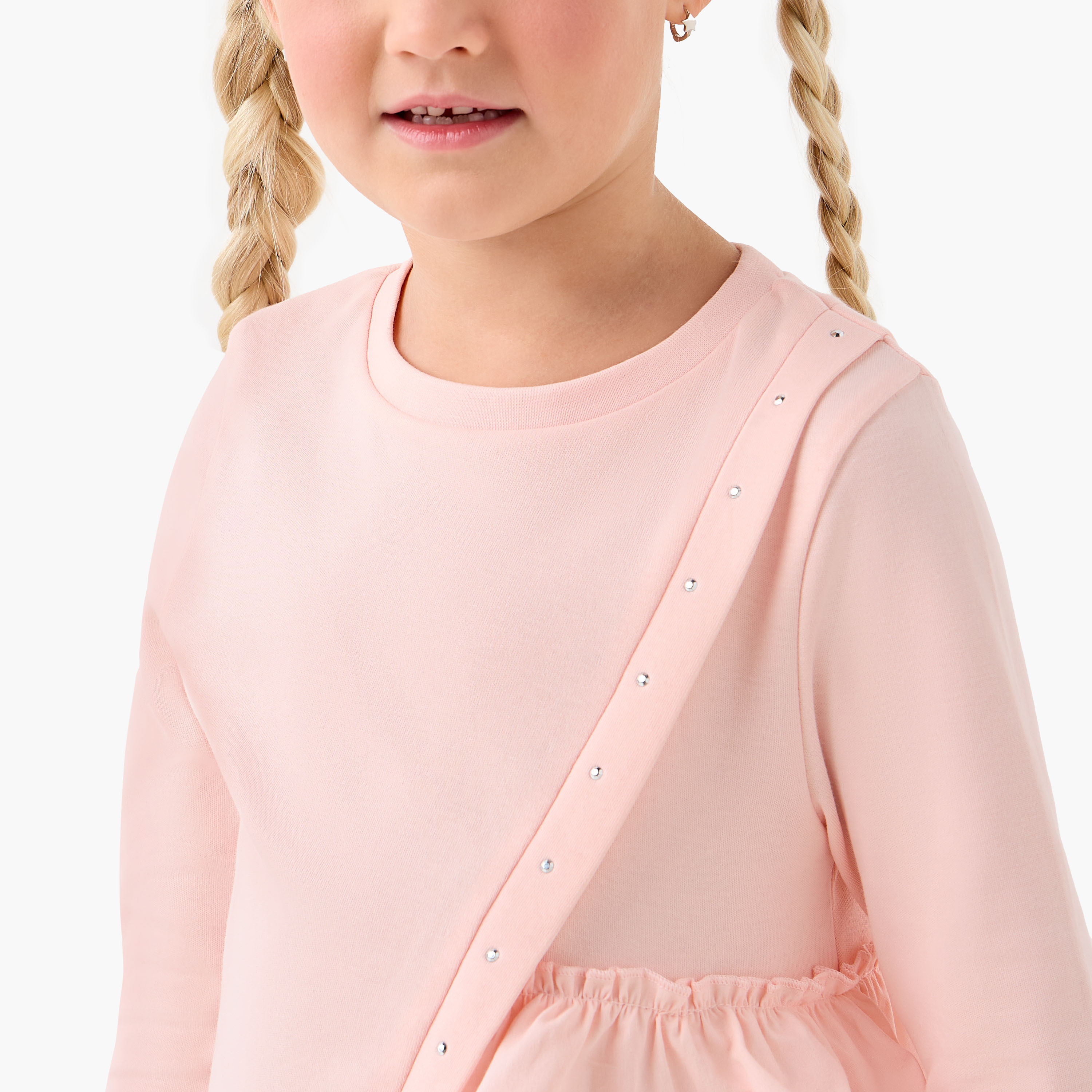 Juniors Girls Crew Neck T-shirt with Ruffle Detail - Cotton - Long Sleeves-girls-clothing-tshirts-image-4