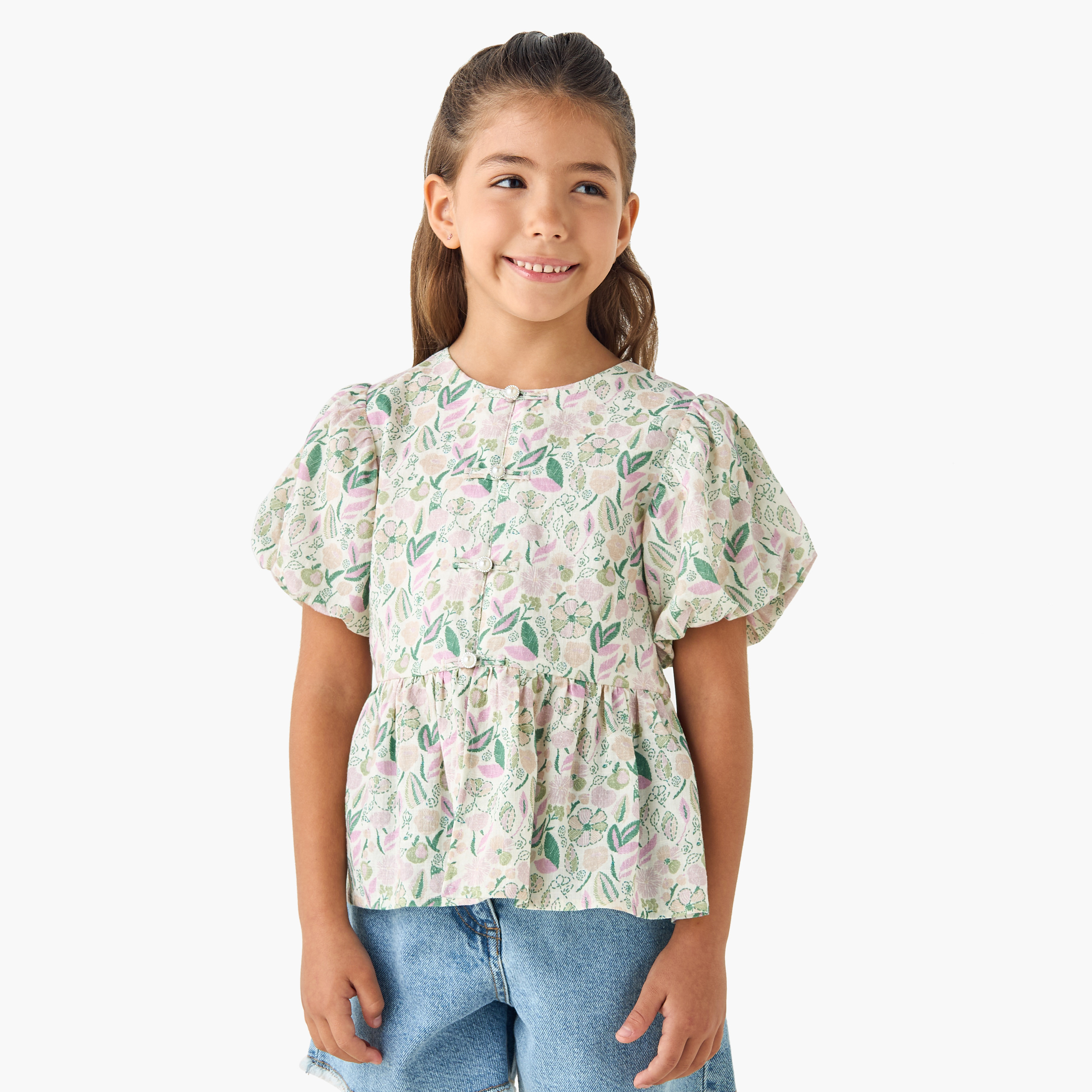 بلوزة بياقة مستديرة وأكمام واسعة وكشكش وطبعات زهرية من جونيورز-baby-girls-clothing-blousesandshirts-image-5