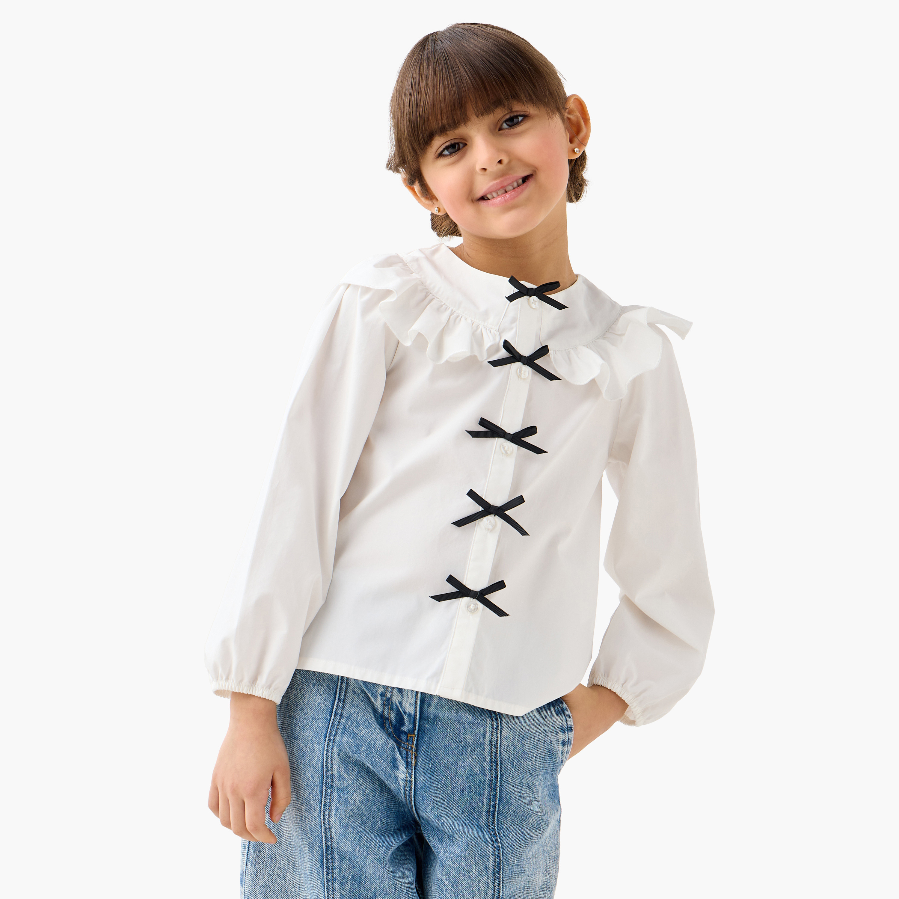 Juniors Bow Accent Top with Ruffles and Long Sleeves-baby-girls-clothing-blousesandshirts-image-1