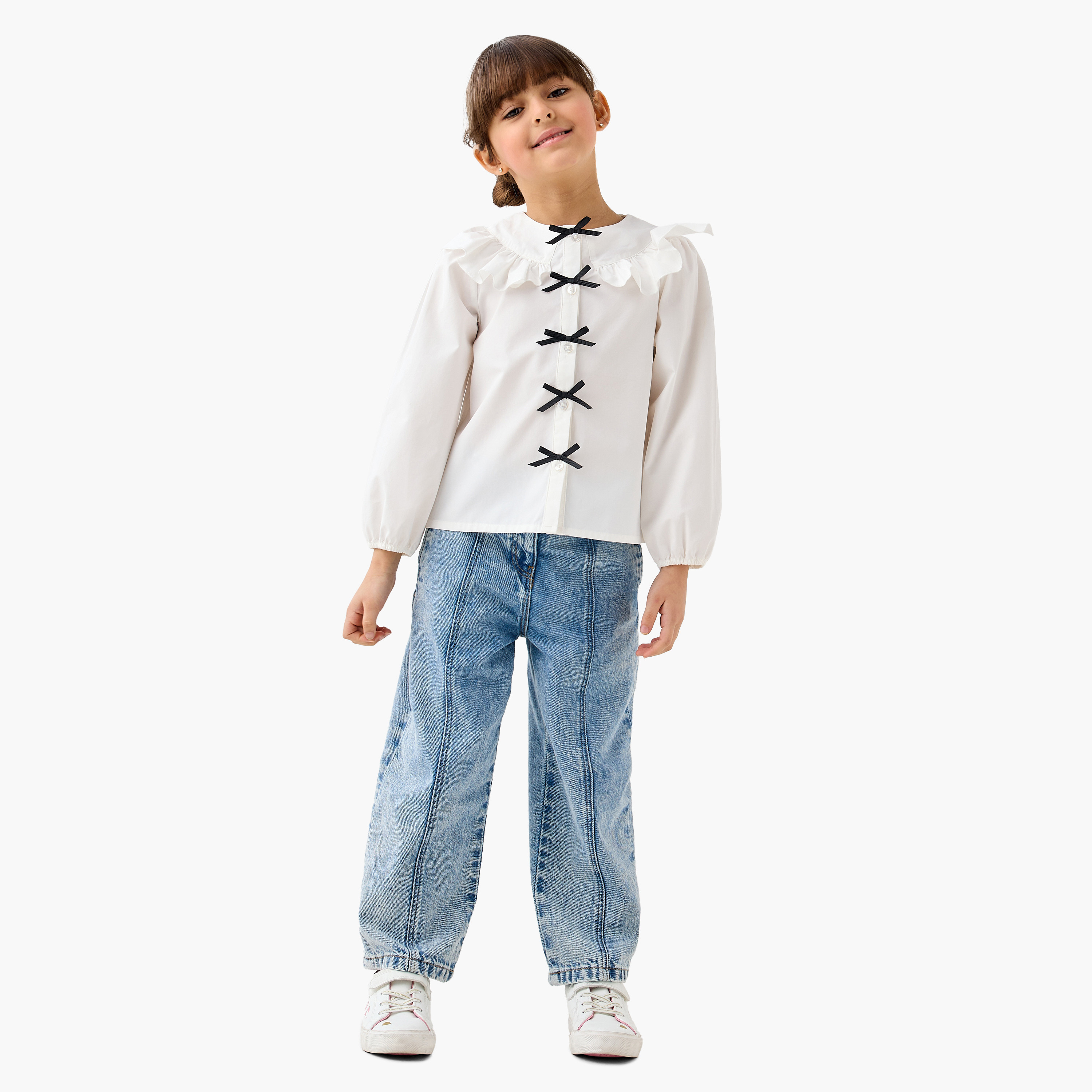 Juniors Bow Accent Top with Ruffles and Long Sleeves-baby-girls-clothing-blousesandshirts-image-2