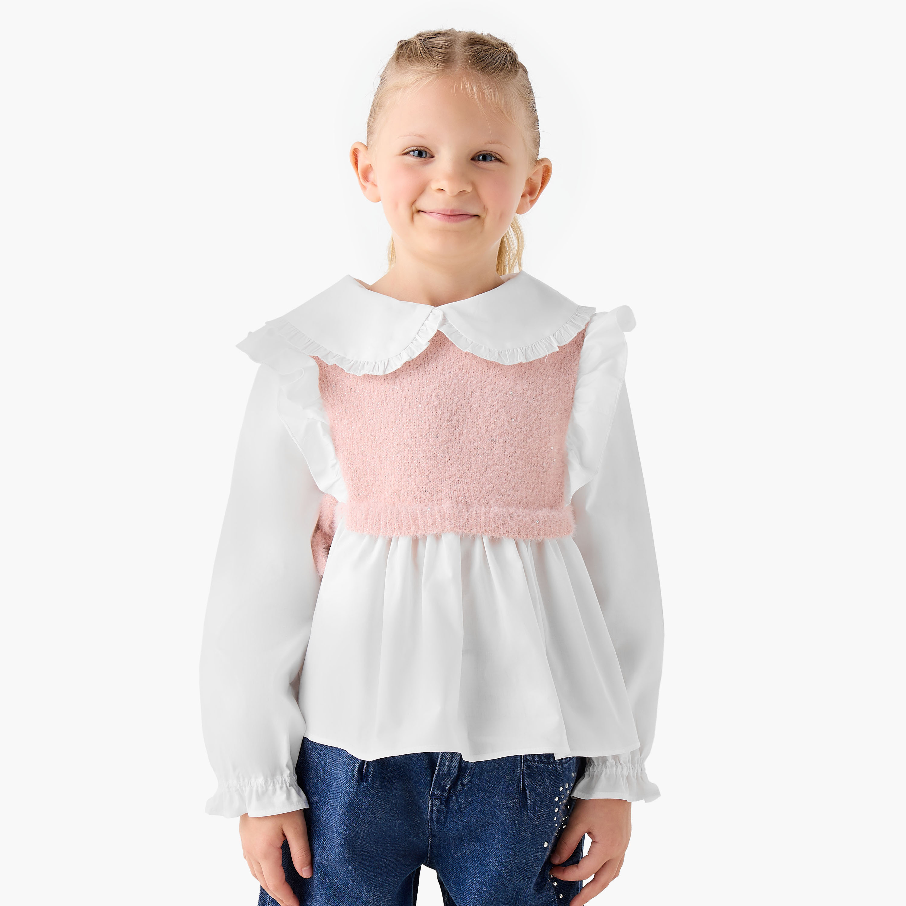 بلوزة بتفاصيل كشكش - قطن - بأكمام طويلة - بياقة بيتر بان للبنات من جونيورز-baby-girls-clothing-blousesandshirts-image-5