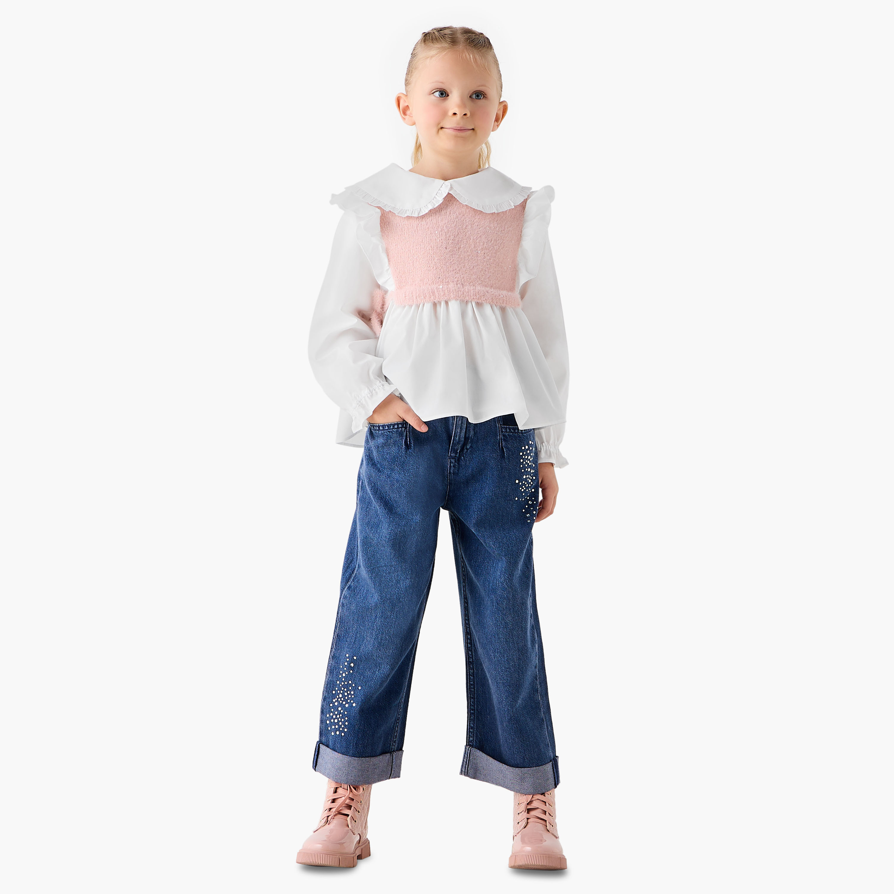 بلوزة بتفاصيل كشكش - قطن - بأكمام طويلة - بياقة بيتر بان للبنات من جونيورز-baby-girls-clothing-blousesandshirts-image-4